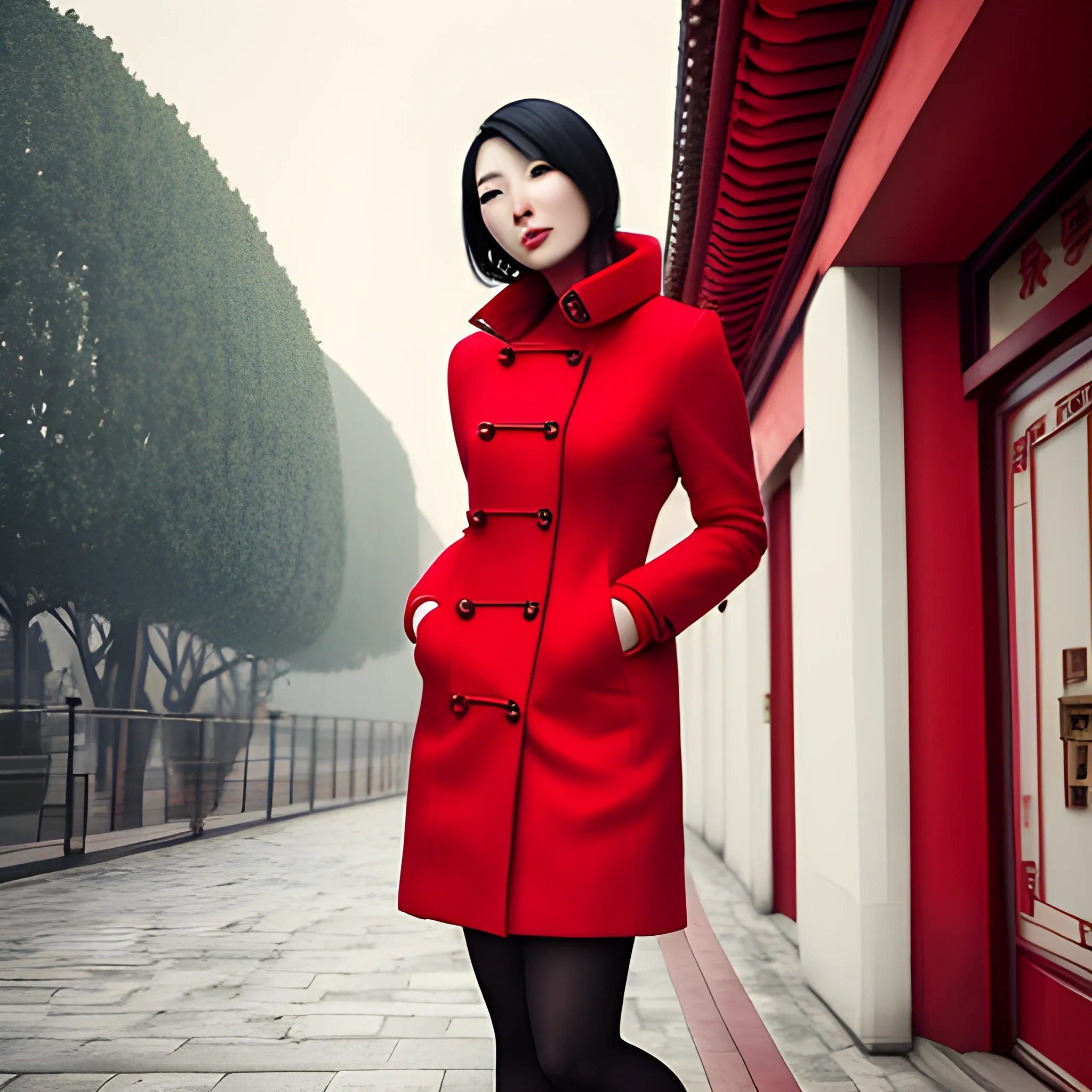 Young Asian woman wearing a bright red coat, nostalgic atmosphere, luxury high-definition photography