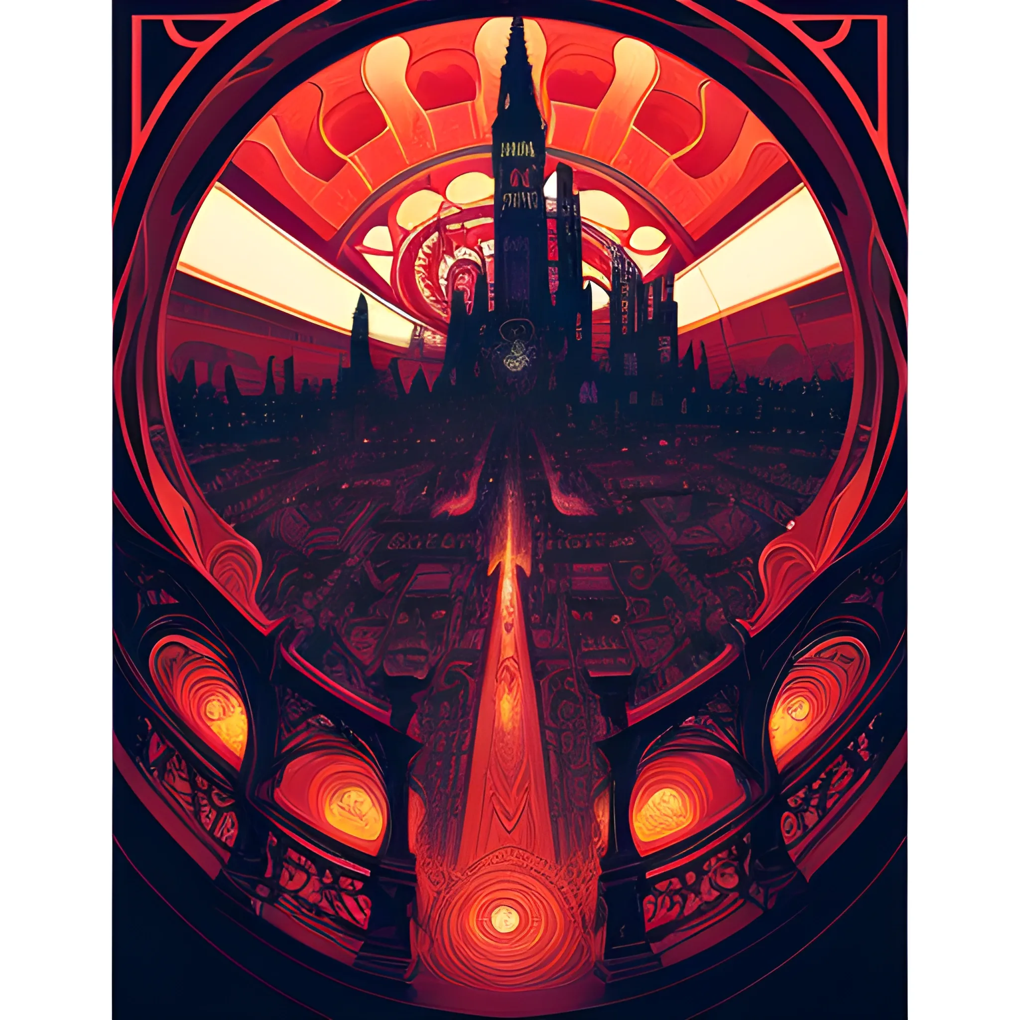 An image of ae Art Nouveau painting, red and sillver colors, spirals, true aesthetics, psychedelic art nouveau style spiral. gothic style postapocaliptic city in the background, dark night, art by Greg Rutkowski, acrylic, high contrast,, ultra detailed, ultra quality, CGSocietyHighly detailed, highest quality, Trippy