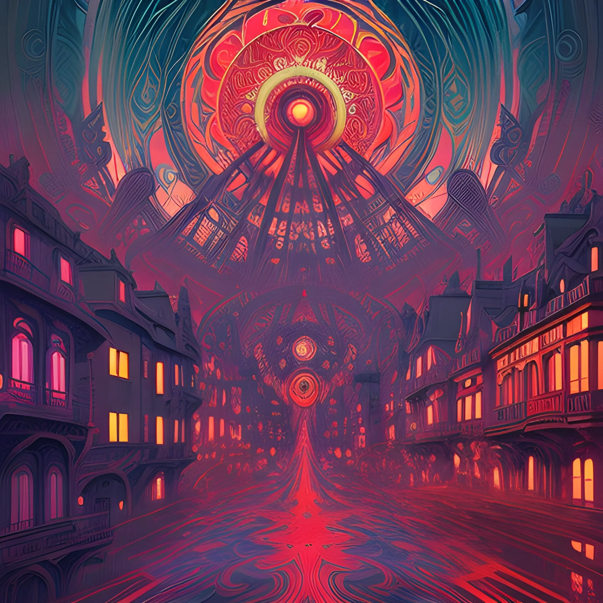 An image of ae Art Nouveau painting, red and sillver colors, spirals, true aesthetics, psychedelic art nouveau style spiral. gothic style postapocaliptic city in the background, dark night, art by Greg Rutkowski, acrylic, high contrast,, ultra detailed, ultra quality, CGSocietyHighly detailed, highest quality, Trippy