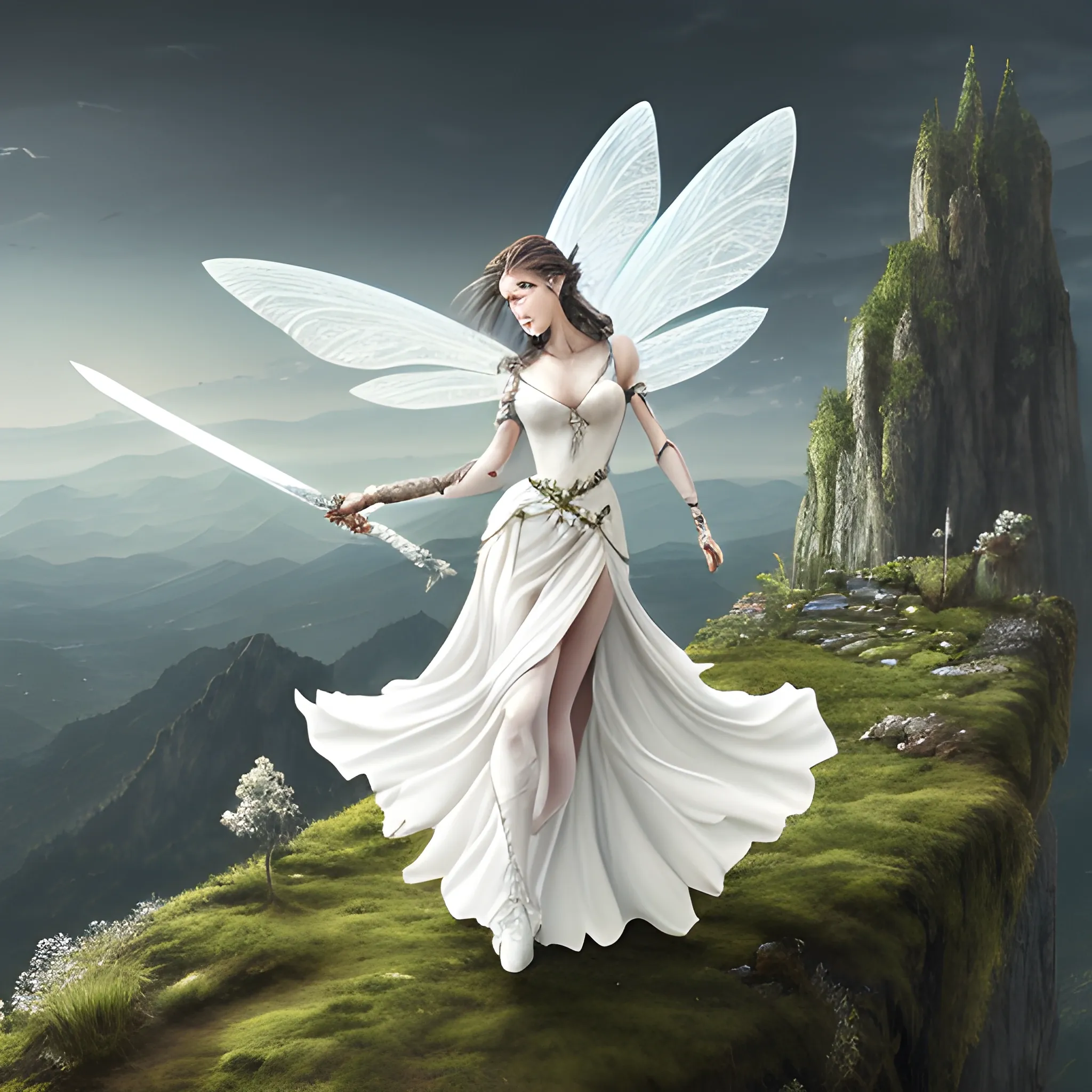 Sword fairy flying with a sword, white gown, landscape, high definition, 4K, ink style