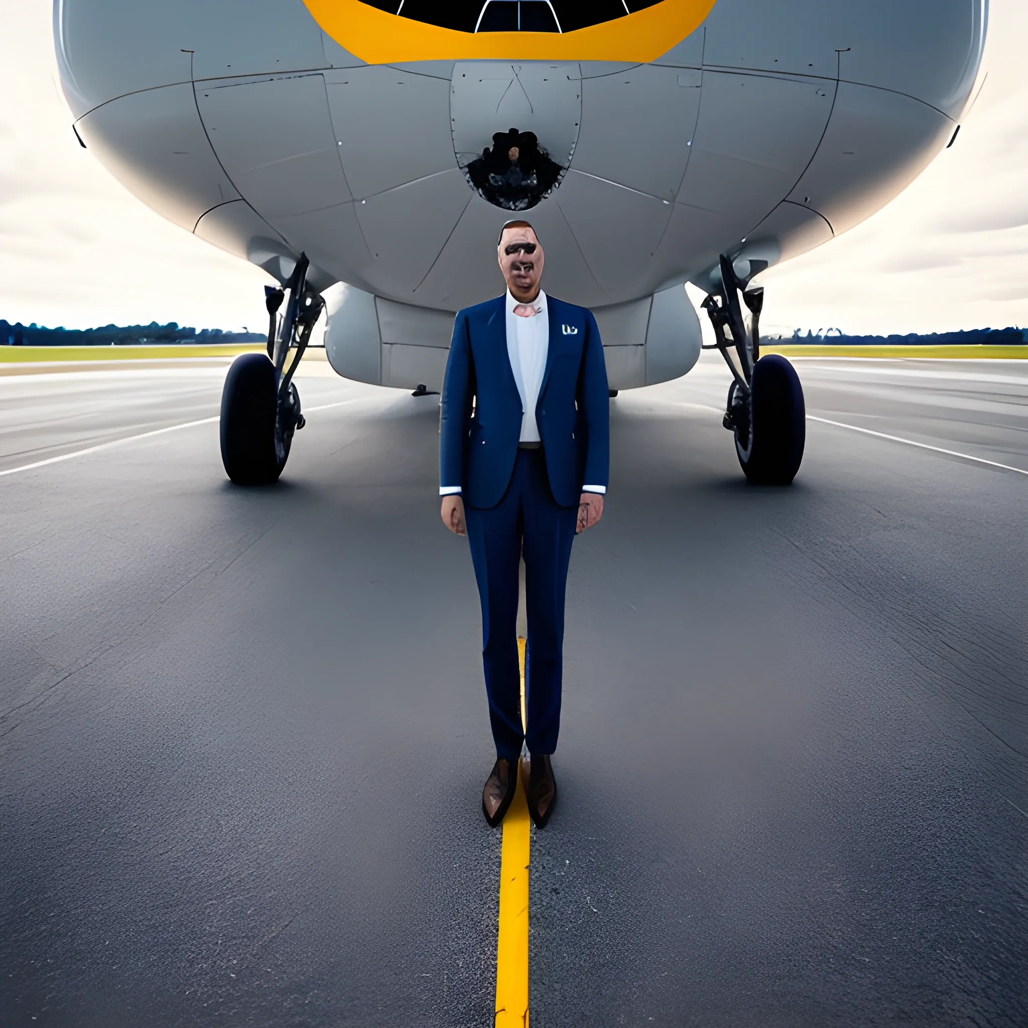 genera una imagen que contenga un avión comercial en la pista listo para despegar, una elegante azafata, un lider sindical de pilotos, un fotografo, flashes en pasarela. ilustracion type