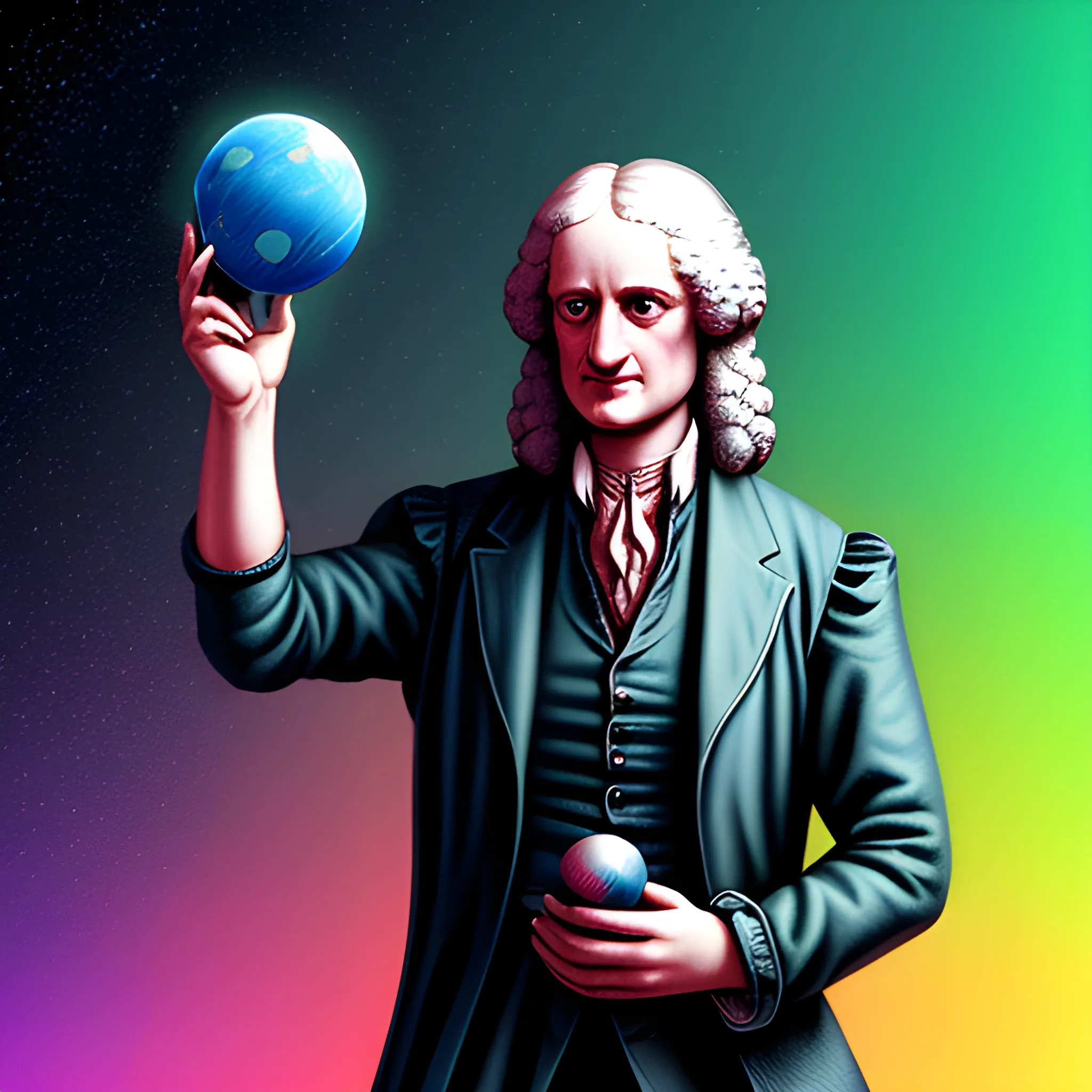 isaac newton holding the world in his palm, make it goofy, cyberpunk, hd, rgb colors, 4k image.