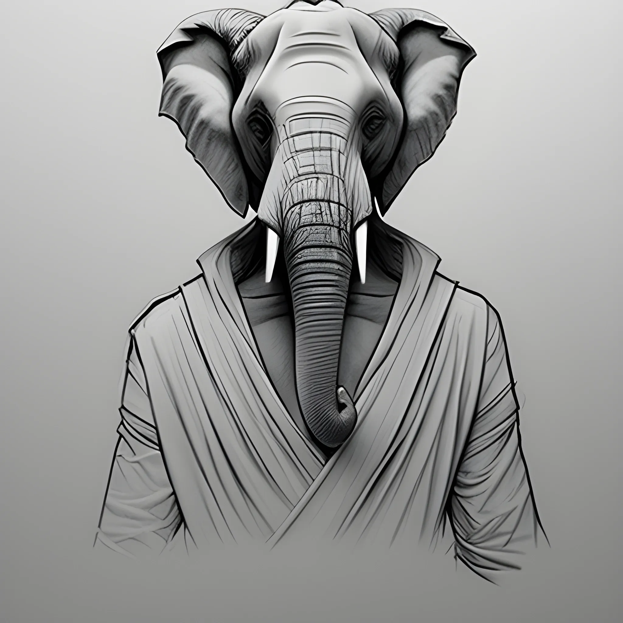 dynamic pose, half body portrait, elephant jedi man, sneaky, longer trunk, Pencil Sketch