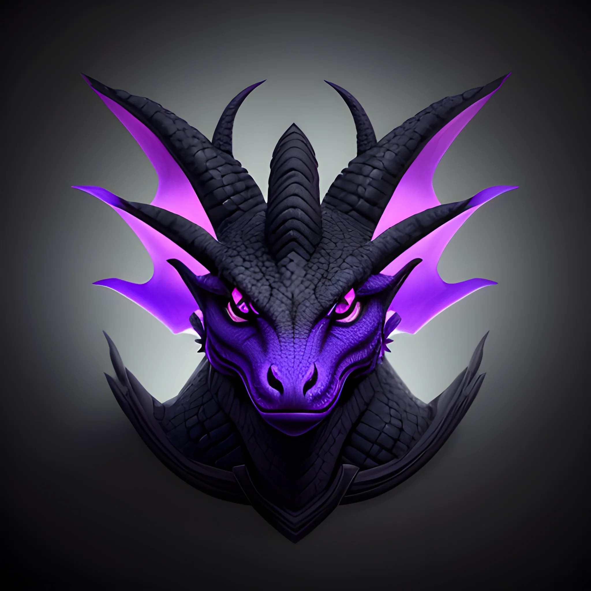 a stylized image of a dragon with purple eyes on a black background, an ambient occlusion render by Xul Solar, reddit contest winner, lyco art, elite, logo, black background
