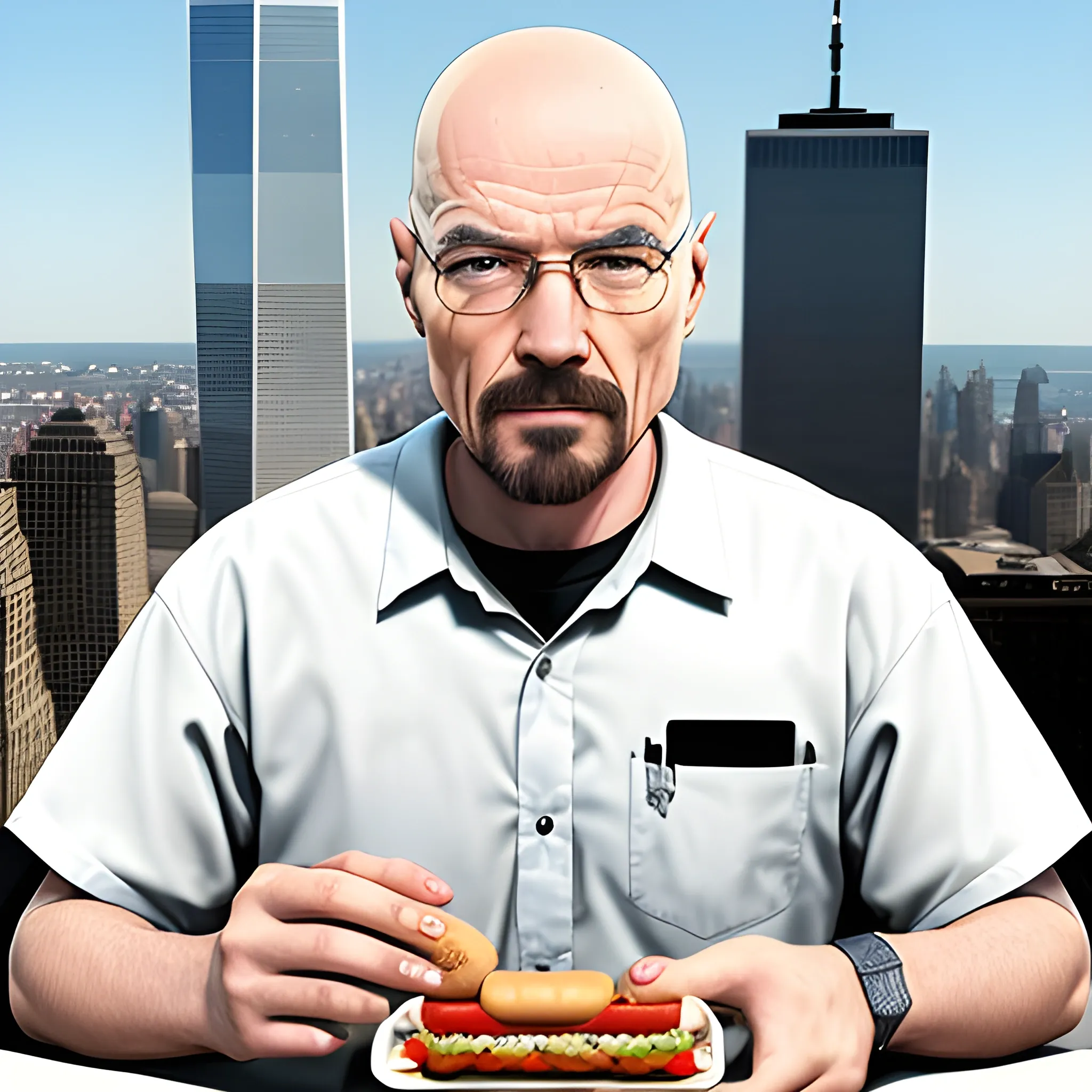 walter white griddy emote collab with among us eating a hot dog on the world trade center, 3D
