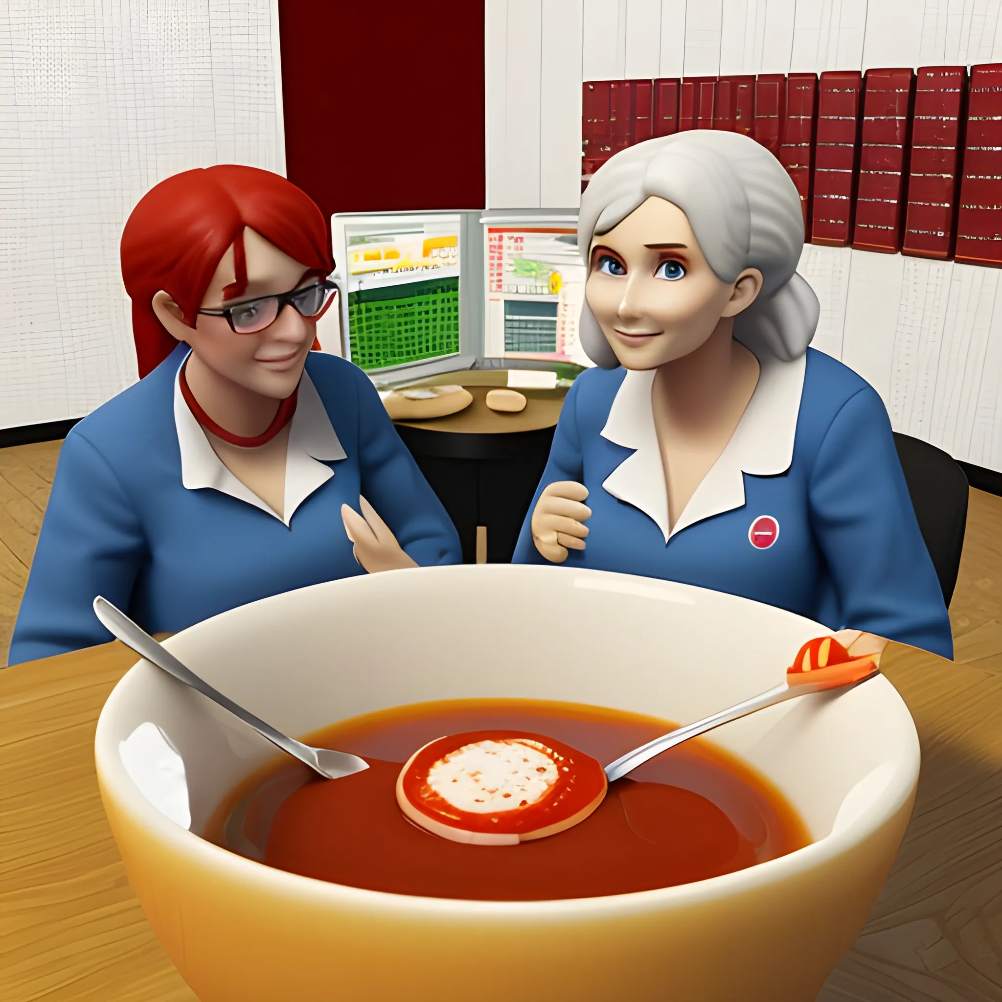 a picture of computer servers with your mom and ash ketchup eating soup
, 3D