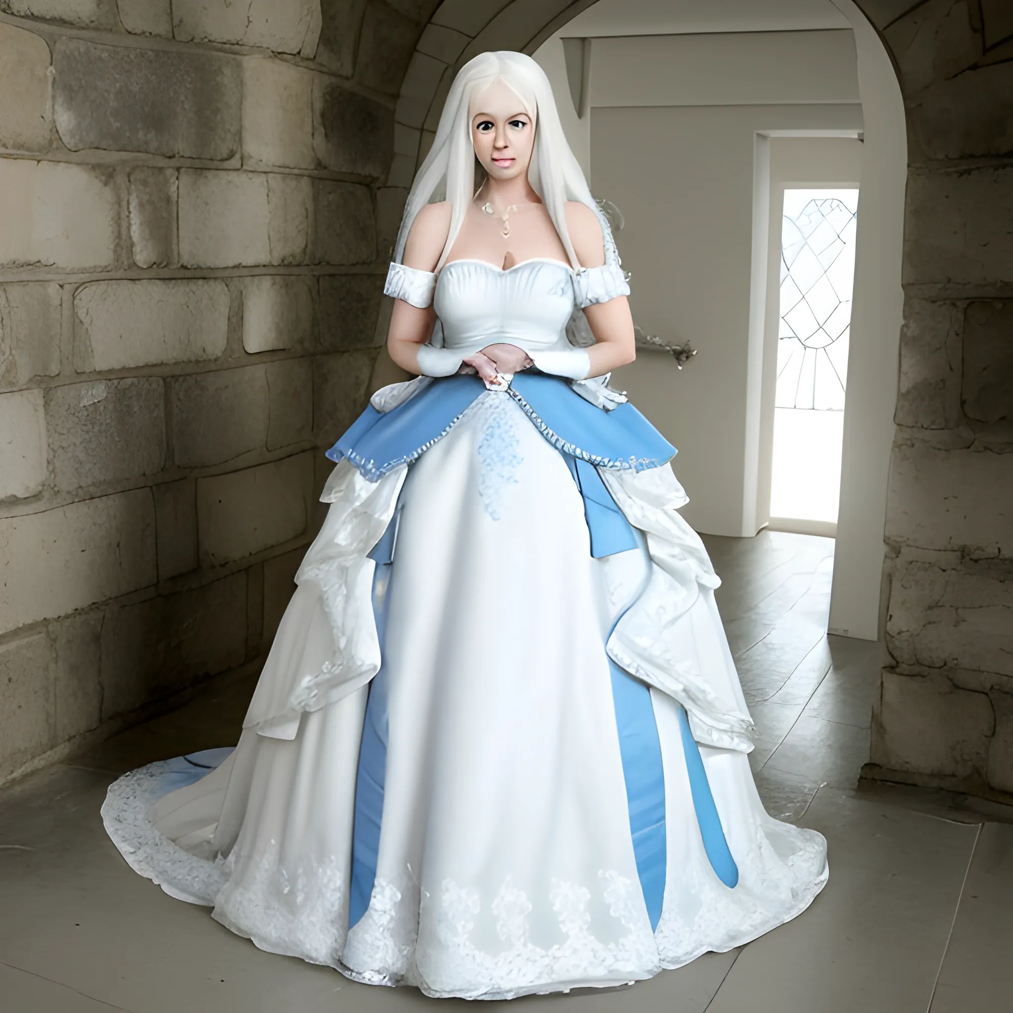 A white haired woman with blue eyes and white hair, wearing a white wedding dress, looking forward to her partner's appearance. Full body photo