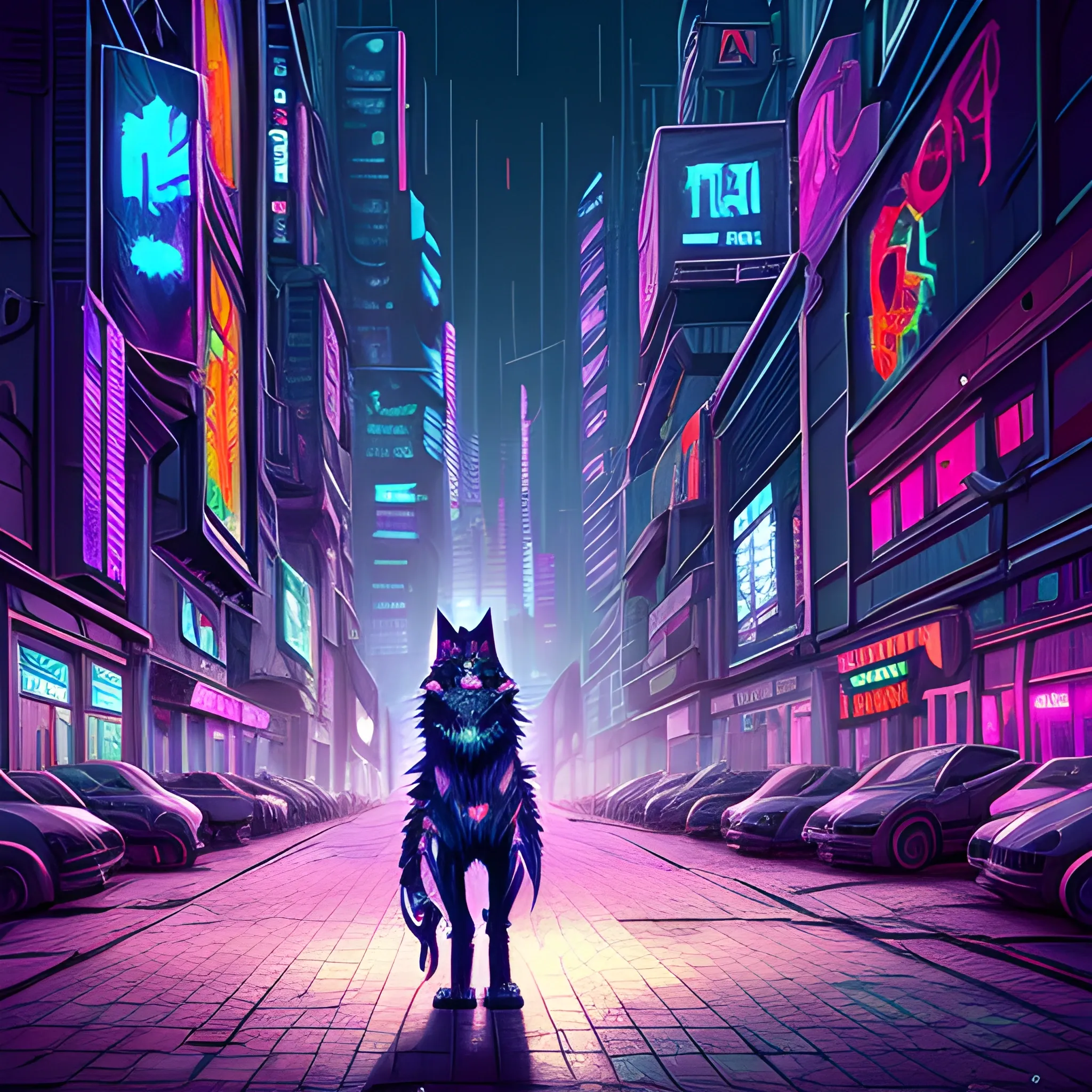 Cyberpunk sad alone wolf character city
, 3D, Trippy, Cartoon