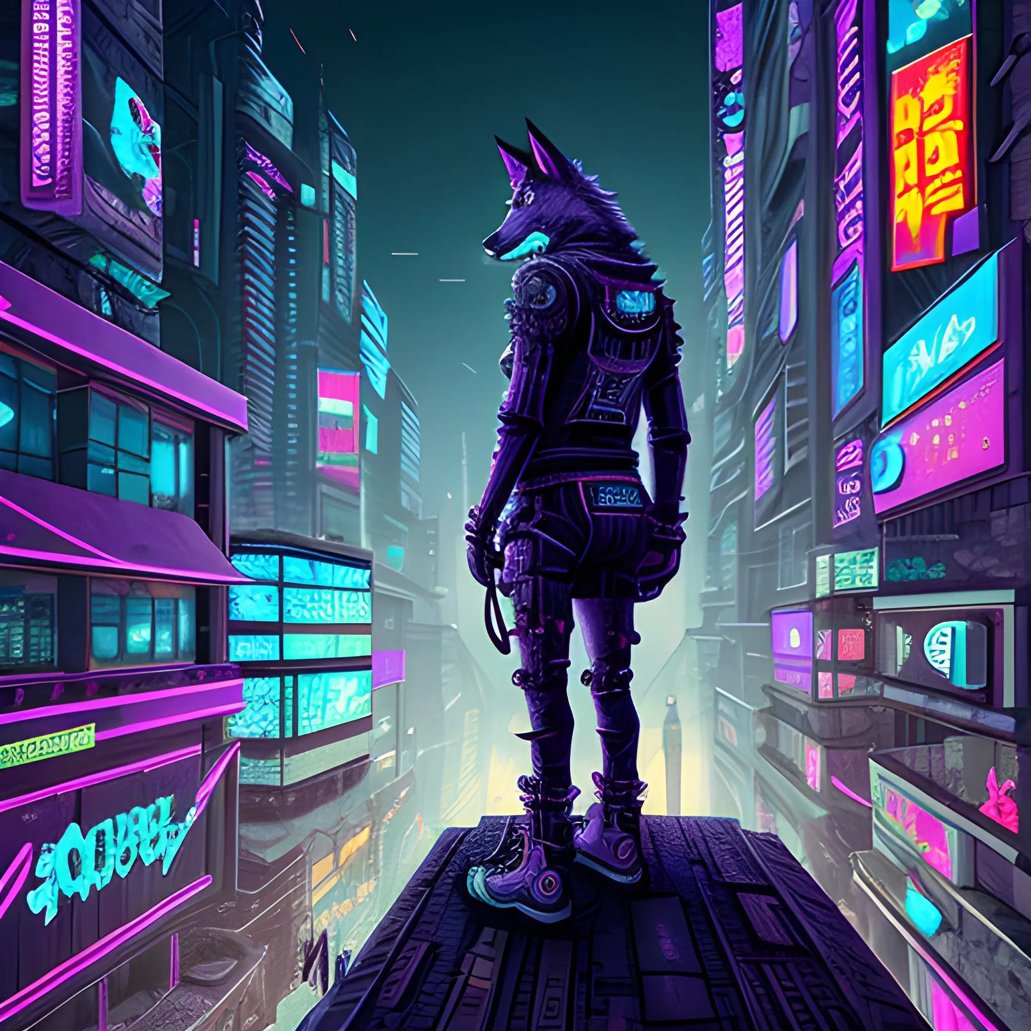 Cyberpunk sad alone wolf character city
, 3D, Trippy, Cartoon