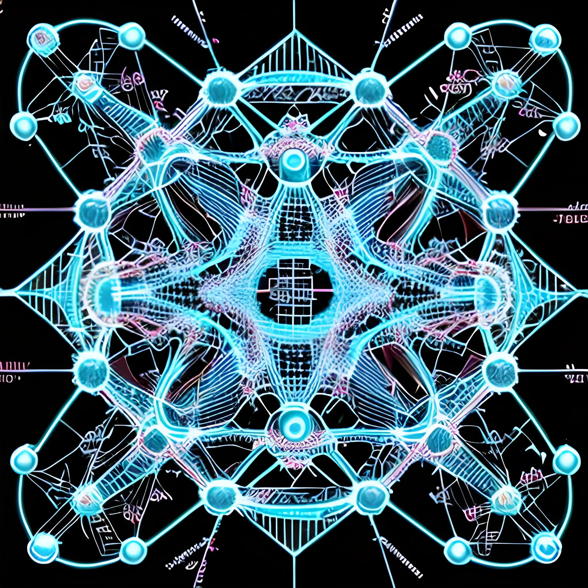 A schematic of neural network architecture, including input, hidden, and output layers, looks like zoomed in microscopic objects, abstract art, artificial intelligence creating a molecule, A captivating rendition of biochemical interconnected atoms adorning a minimalist black backdrop in sparkling 8k resolution