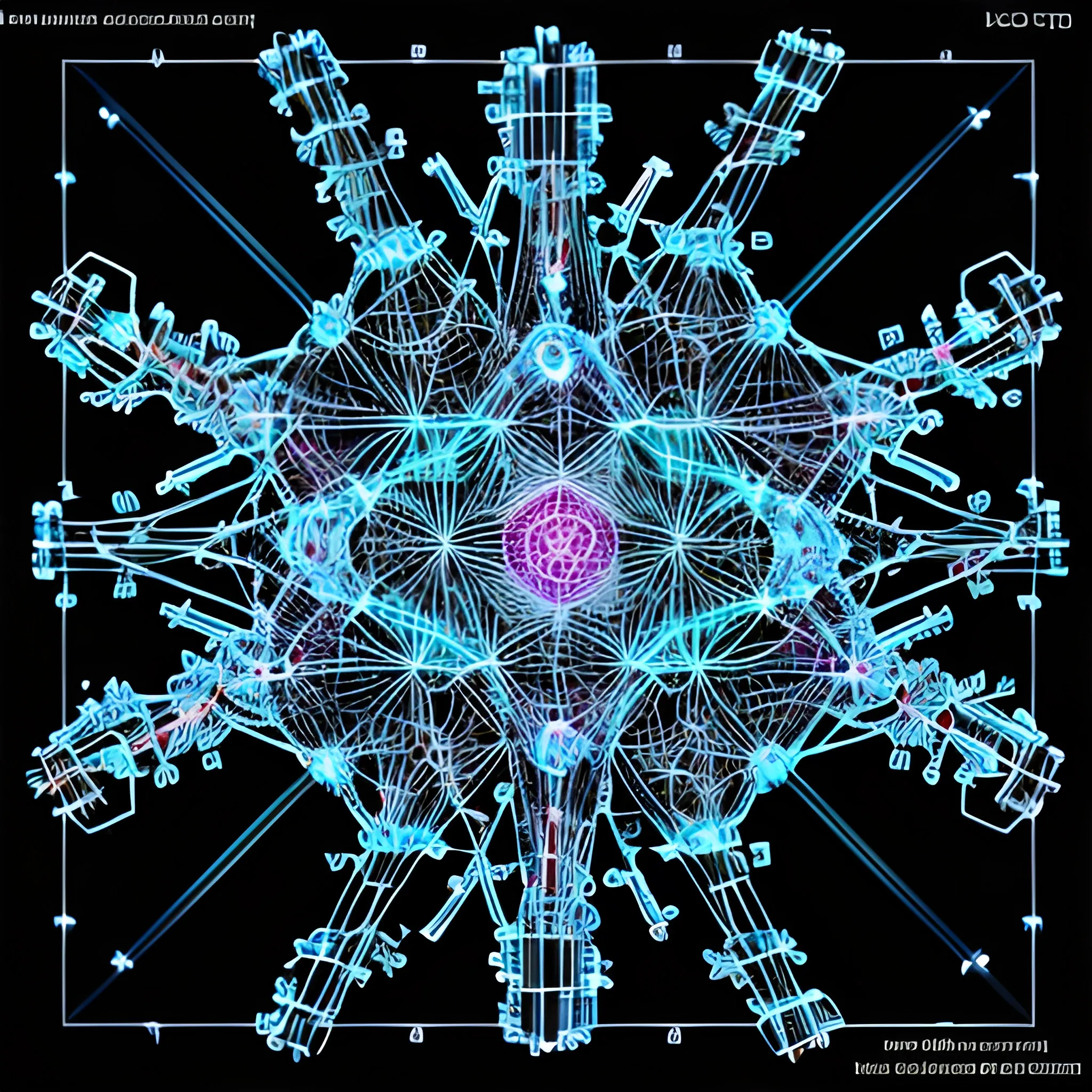 A schematic of neural network architecture, including input, hidden, and output layers, looks like zoomed in microscopic objects, abstract art, artificial intelligence creating a molecule, A captivating rendition of biochemical interconnected atoms adorning a minimalist black backdrop in sparkling 8k resolution