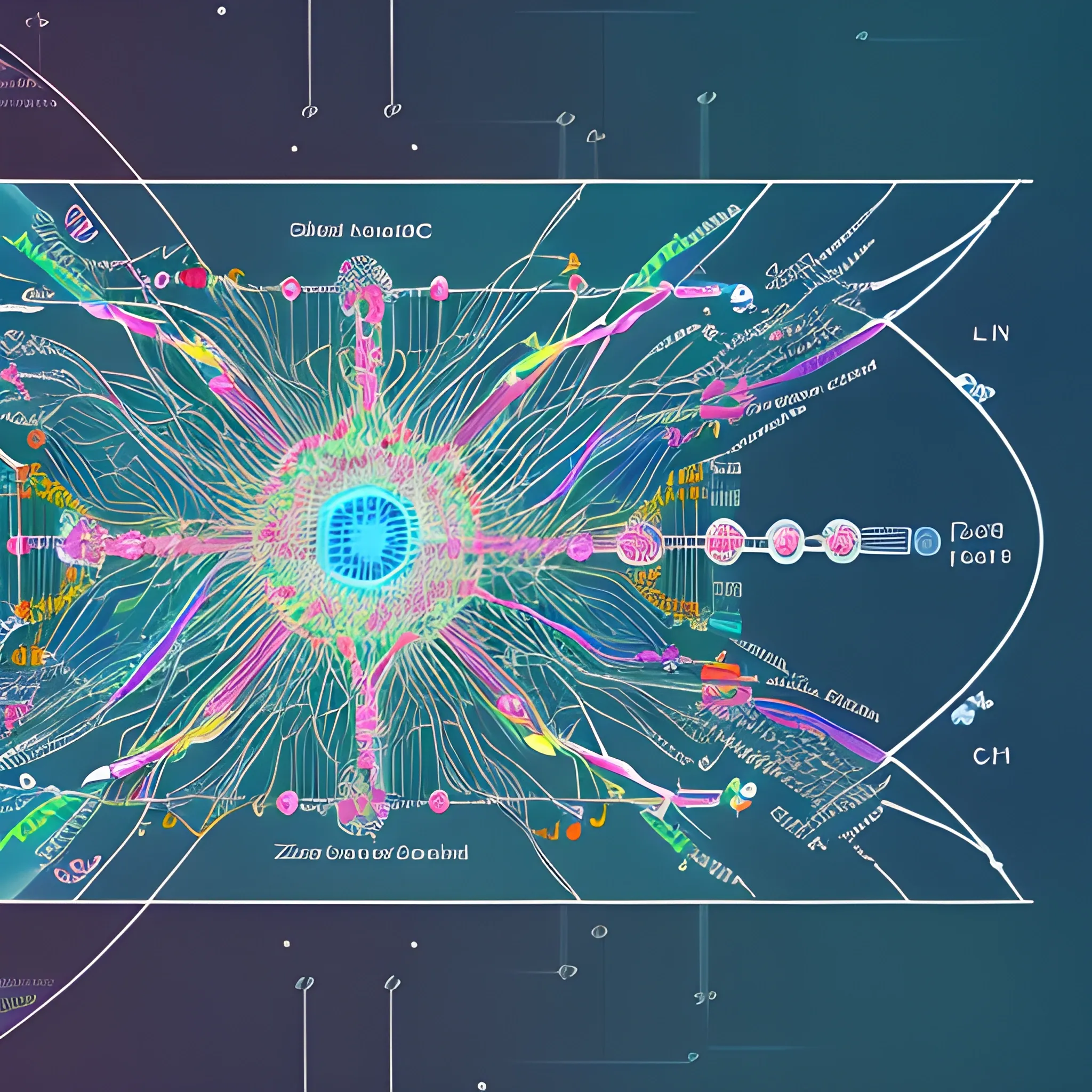 a background A schematic of neural network architecture, including input, hidden, and output layers, looks like zoomed in microscopic objects, minimal, artificial intelligence creating a molecule, modern colors, A captivating rendition of biochemical interconnected atoms adorning a realistic landscape in sparkling 8k resolution