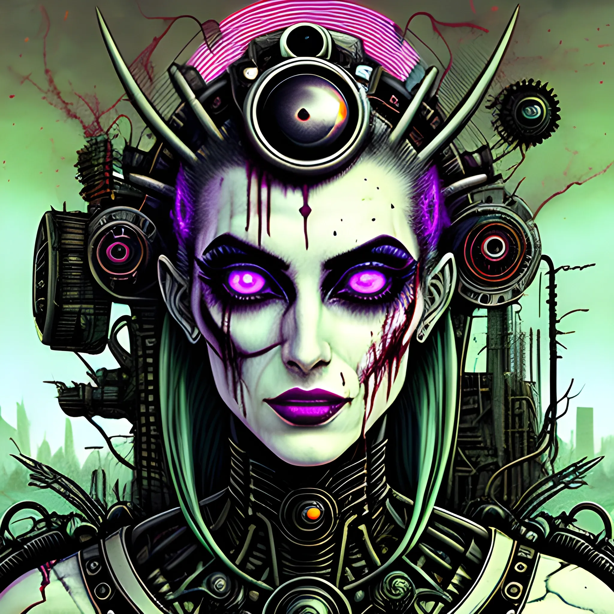 experoimental techno survivor dream weird blood eyes plants, pos apocalyptic techno machines girl goddess
