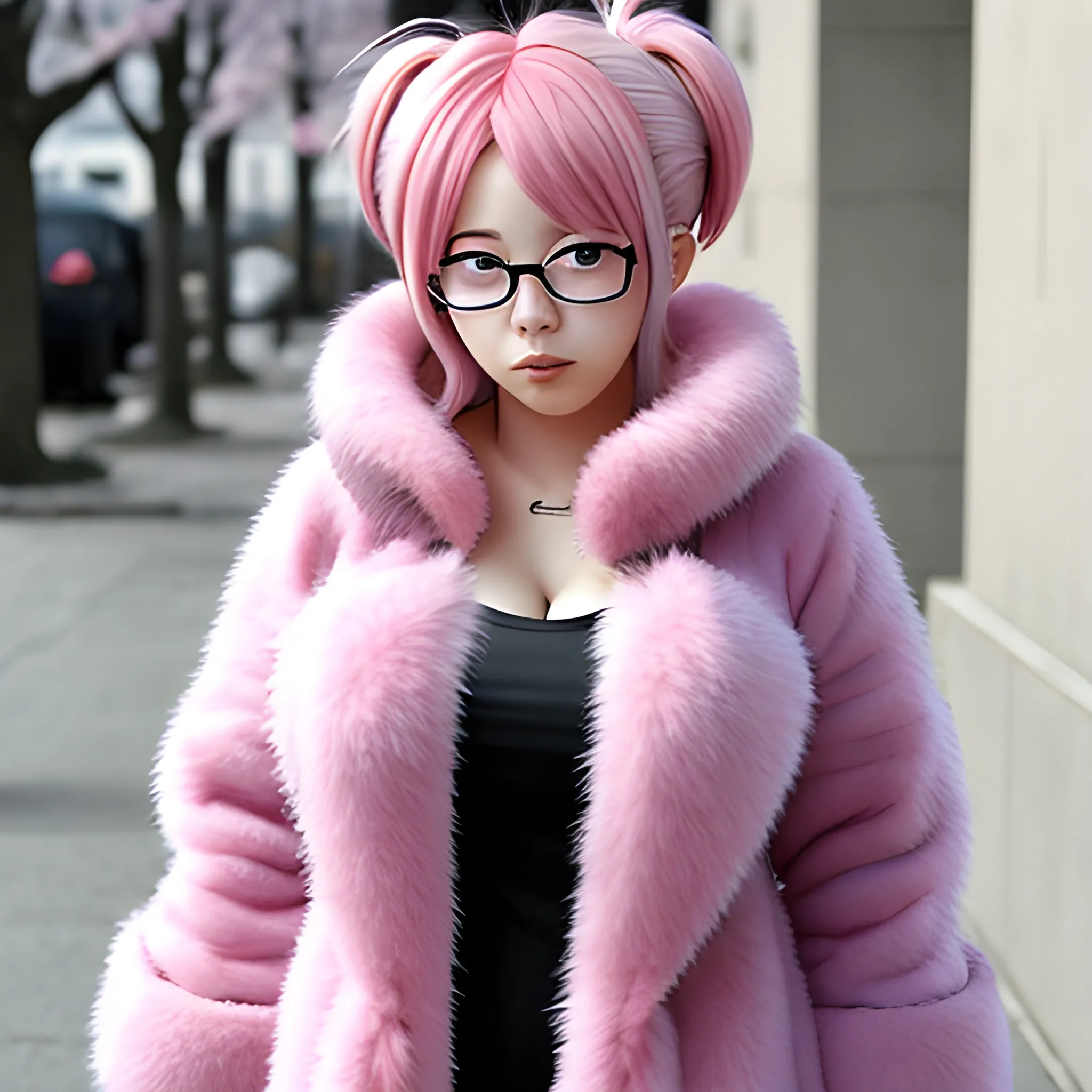 Anime, female, pink hair, fur coat, glasses, thicc

