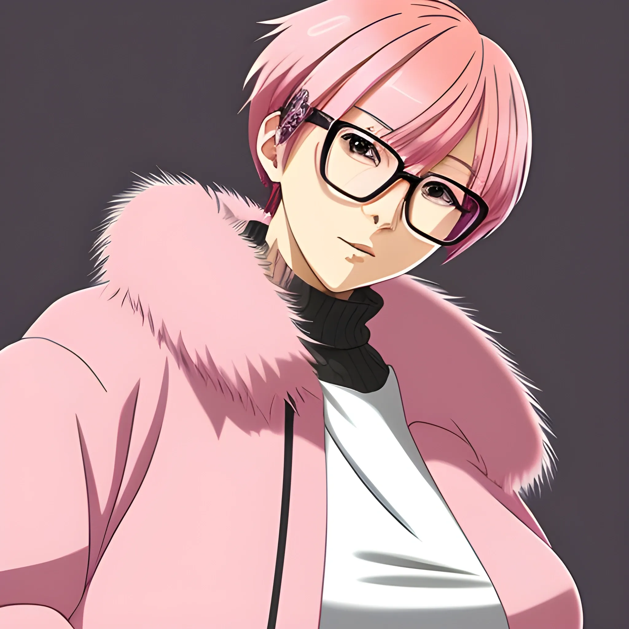 Anime, female, pink hair, fur coat, glasses, thicc ,short hair ... -  Arthub.ai