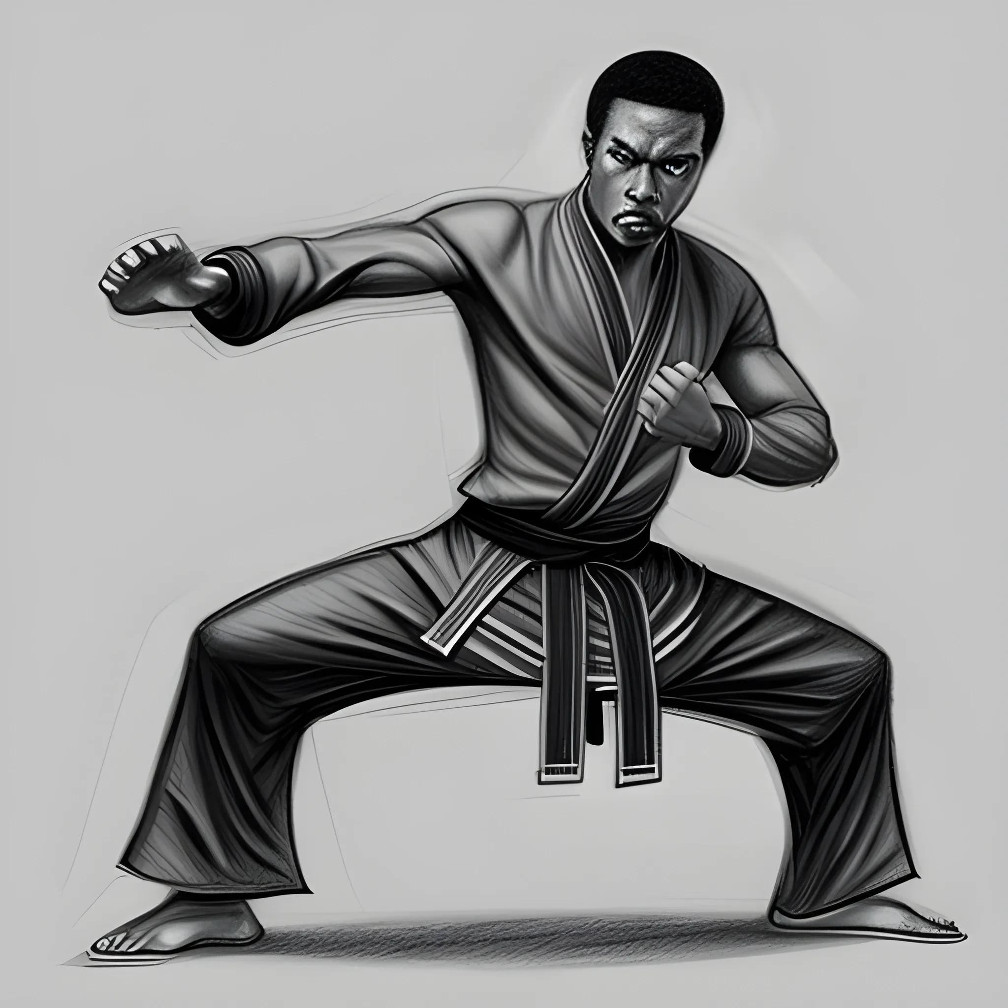  Black man in a kung fu stance, Pencil Sketch, Cartoon