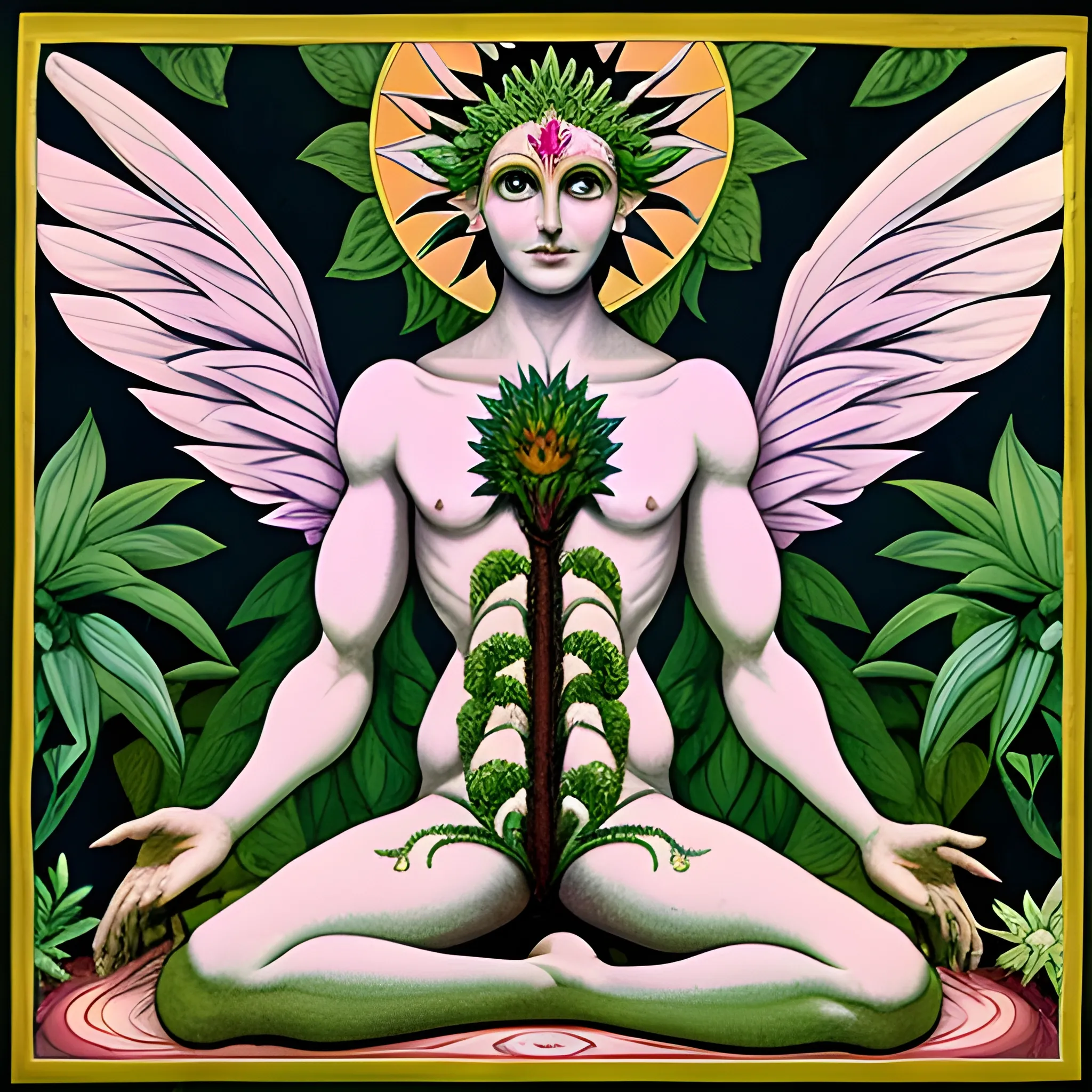 divine human entity with its body full of plants and a third eye and plant wings and three heads
