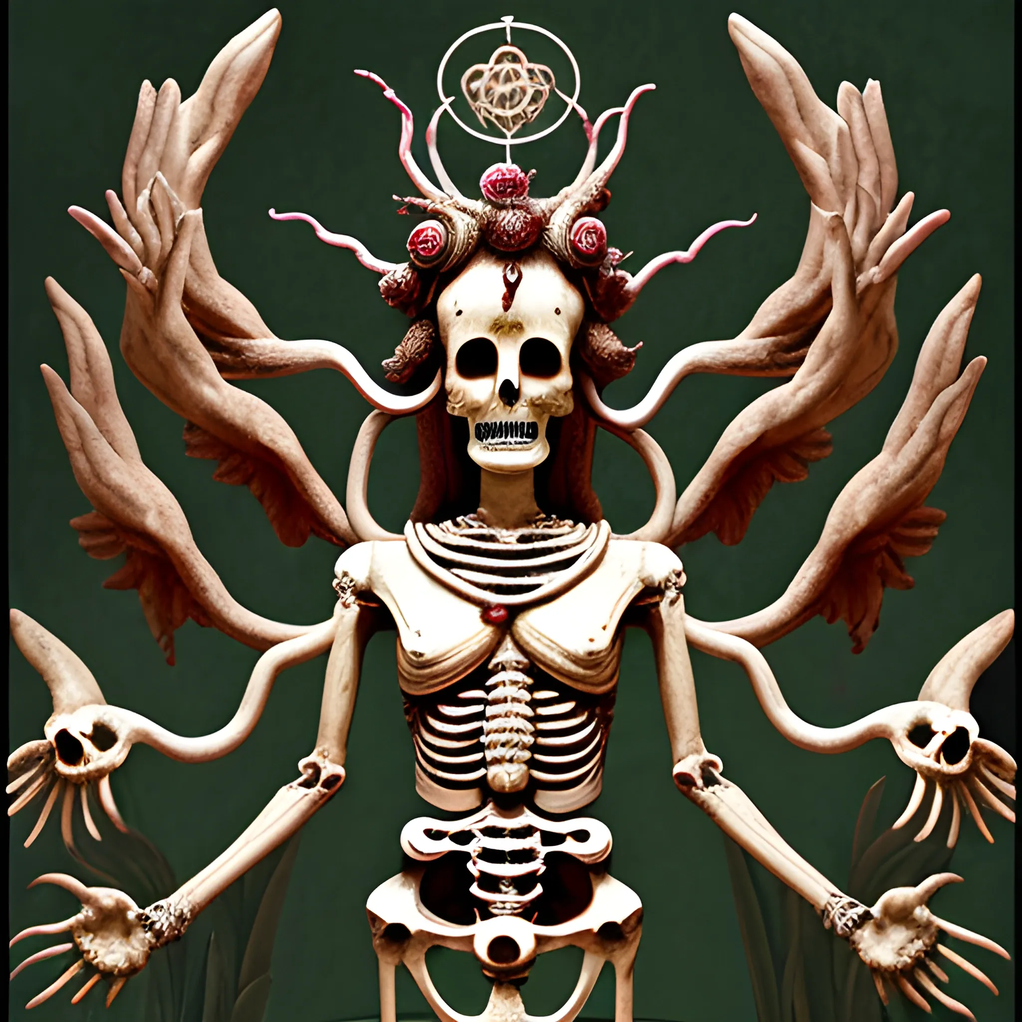 deity with 6 arms and two heads with angel skeleton wings and a third eye and covered on blood and plants