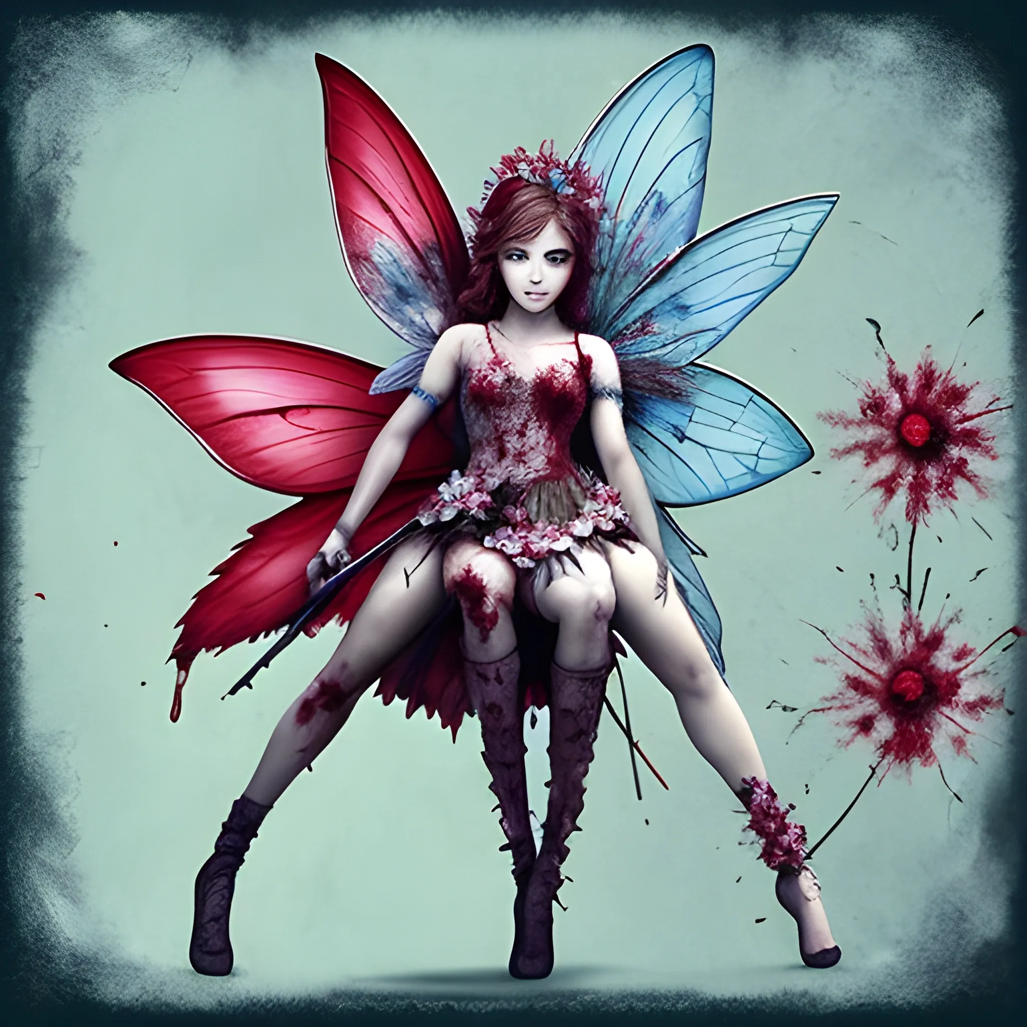 beutifules flower with a blood splatter and a fairy prepared to fight