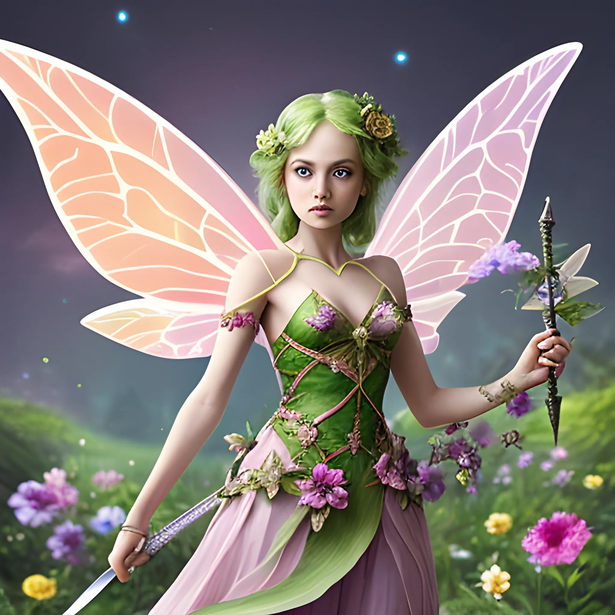 powerful fairy with a inorganic sword made of flower