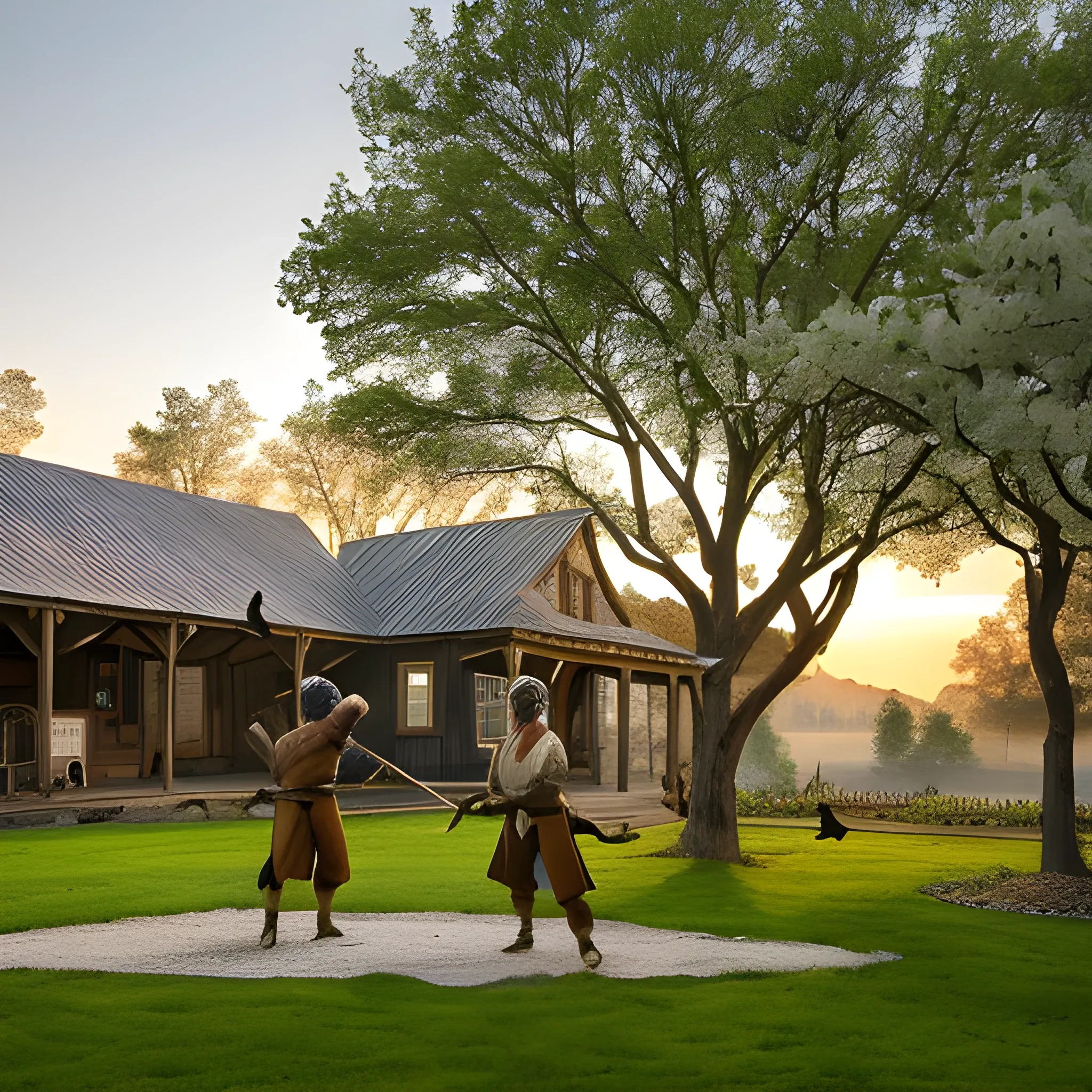 Adjacent to a rustic farmhouse, the scene unfolds with the serene ambiance of a countryside morning. Three roosters, positioned around the courtyard, emit robust crowing, their calls resonating in the stillness of dawn. The courtyard itself is adorned with simple, weathered structures, reflecting the humble charm of rural life.

In the center of the courtyard stands a robust man, his silhouette cast against the soft glow of early sunlight. Dressed in plain attire, he wields a wooden sword with a determined focus. The man's every move is calculated and deliberate, creating an intricate dance with the sword that mirrors the roosters' calls.

The courtyard is surrounded by the beauty of nature – perhaps a few blossoming trees and a well-worn path leading to the farmhouse. The juxtaposition of the natural elements and the man's disciplined practice creates a harmonious scene, capturing the essence of rural life and the disciplined artistry of swordsmanship.

This composition conveys the picturesque image of three roosters crowing while a stalwart figure practices swordsmanship in the midst of a tranquil farmhouse courtyard, embodying a balance between nature's simplicity and the human pursuit of skill and discipline.