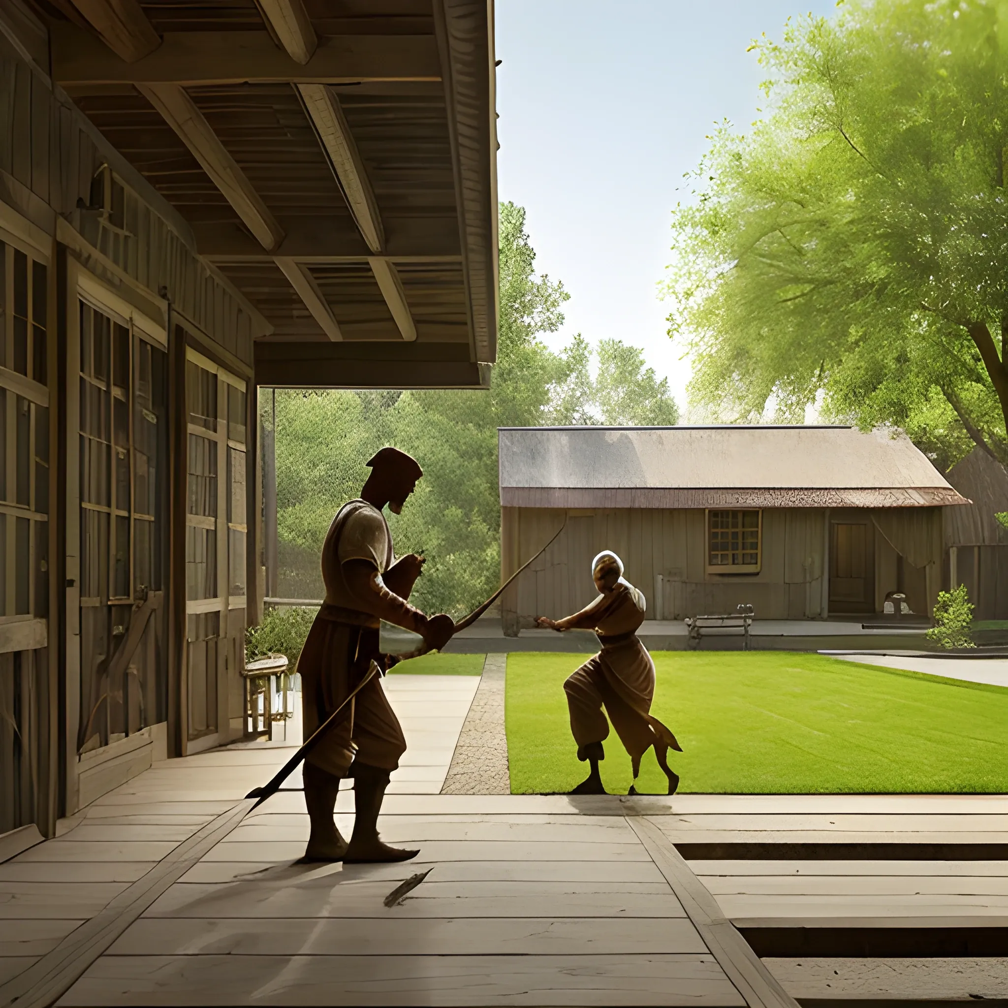 Adjacent to a rustic farmhouse, the scene unfolds with the serene ambiance of a countryside morning. Three roosters, positioned around the courtyard, emit robust crowing, their calls resonating in the stillness of dawn. The courtyard itself is adorned with simple, weathered structures, reflecting the humble charm of rural life.

In the center of the courtyard stands a robust man, his silhouette cast against the soft glow of early sunlight. Dressed in plain attire, he wields a wooden sword with a determined focus. The man's every move is calculated and deliberate, creating an intricate dance with the sword that mirrors the roosters' calls.

The courtyard is surrounded by the beauty of nature – perhaps a few blossoming trees and a well-worn path leading to the farmhouse. The juxtaposition of the natural elements and the man's disciplined practice creates a harmonious scene, capturing the essence of rural life and the disciplined artistry of swordsmanship.

This composition conveys the picturesque image of three roosters crowing while a stalwart figure practices swordsmanship in the midst of a tranquil farmhouse courtyard, embodying a balance between nature's simplicity and the human pursuit of skill and discipline., Water Color