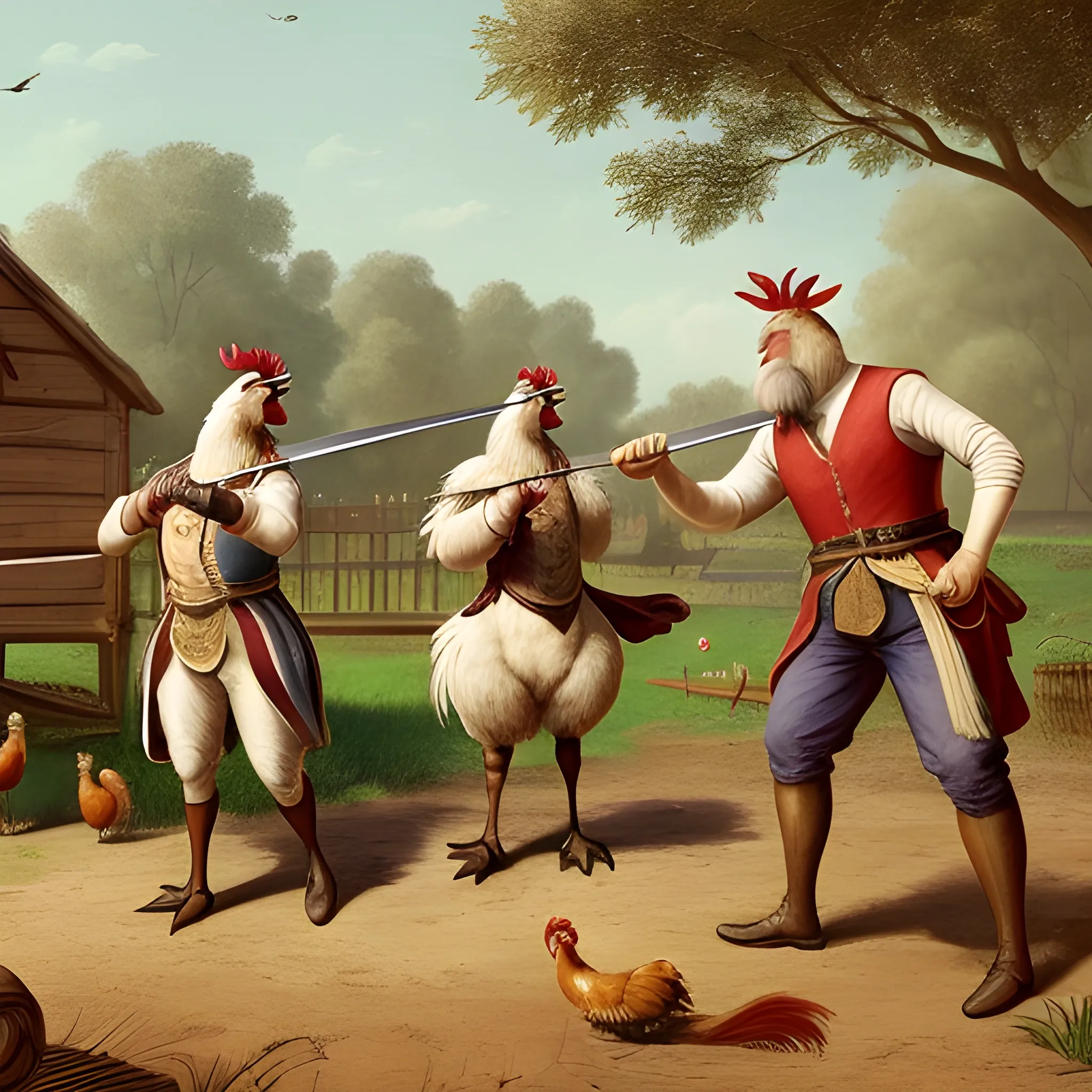 
Three roosters are crowing in the farmyard, while a big man is practicing swordsmanship in the middle of the yar