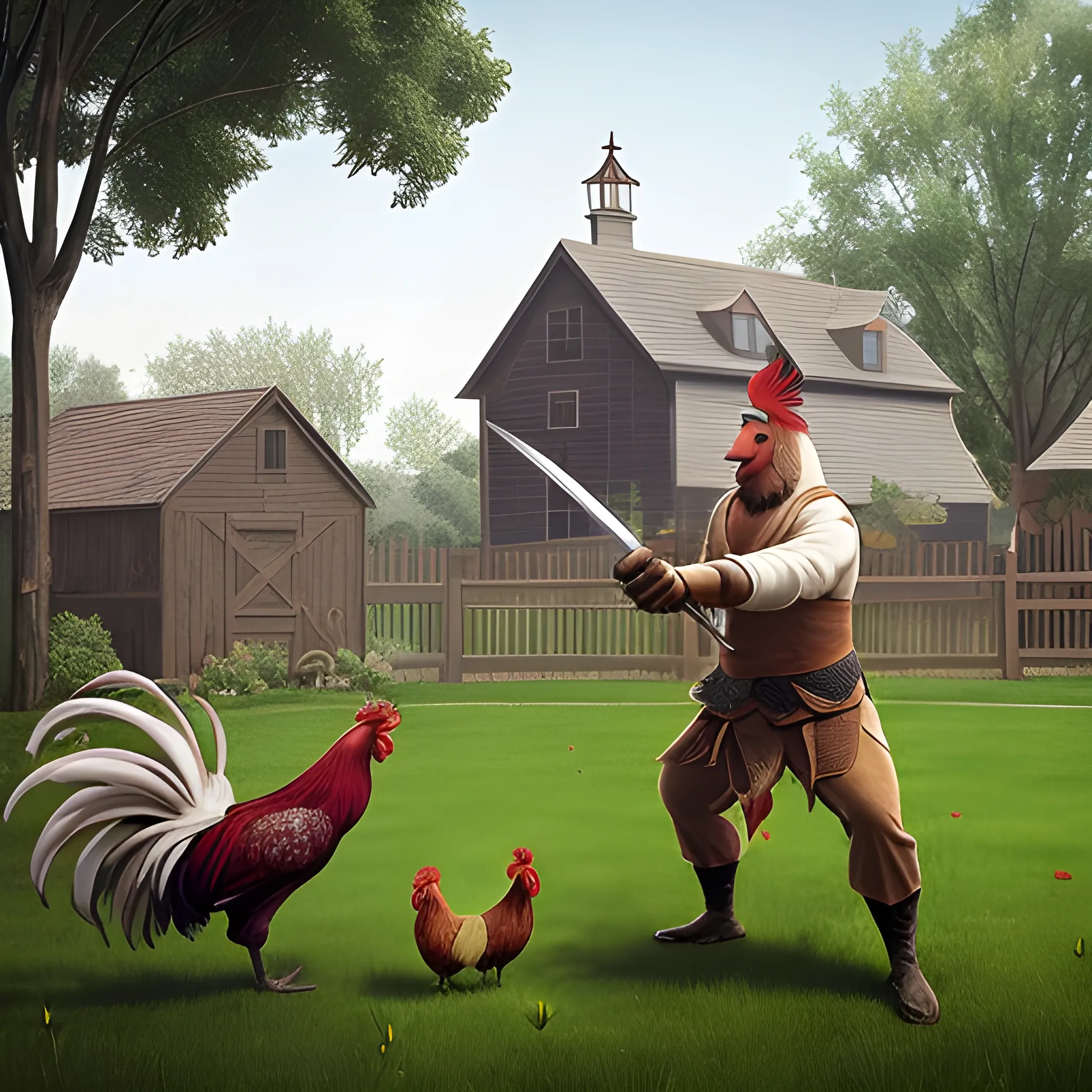 Three roosters are crowing in the farmyard, while a human giant is practicing swordsmanship in the middle of the yard