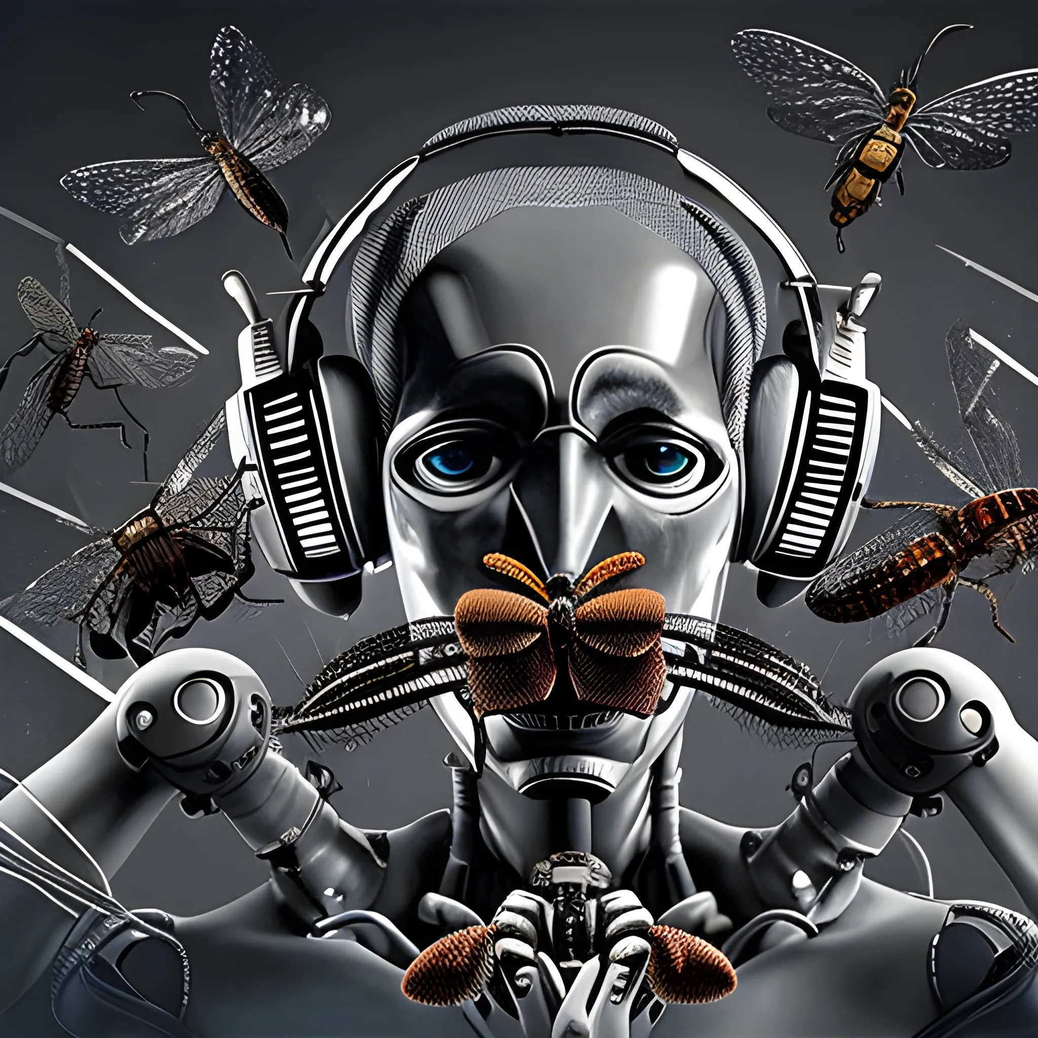 an insect eating a human with machines and music jazz 