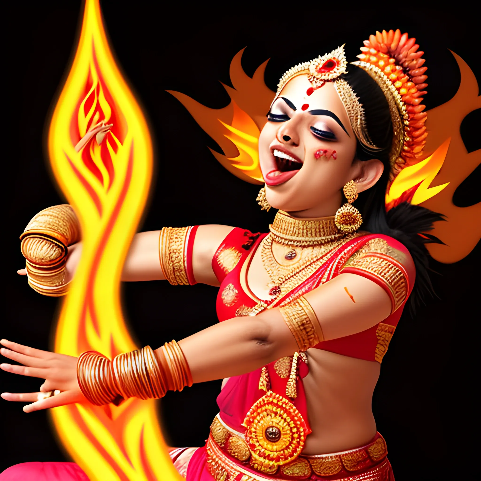 hindu dance sticking tongue out full of fire