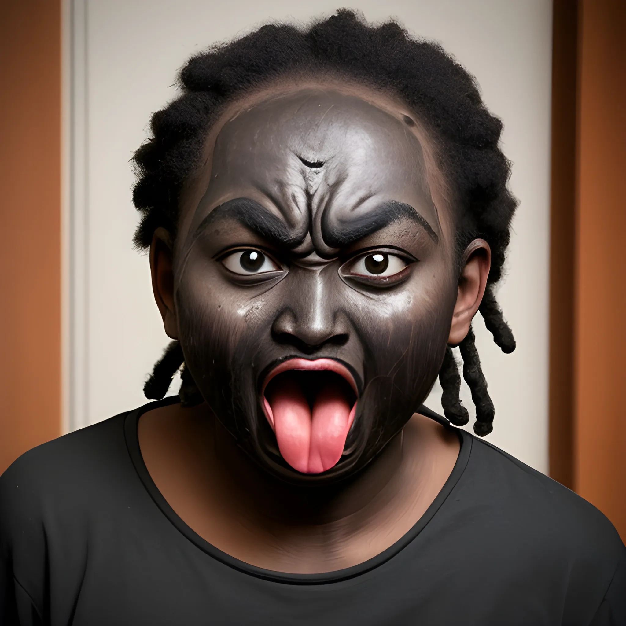 black face with surprised angry expression sticking tongue out