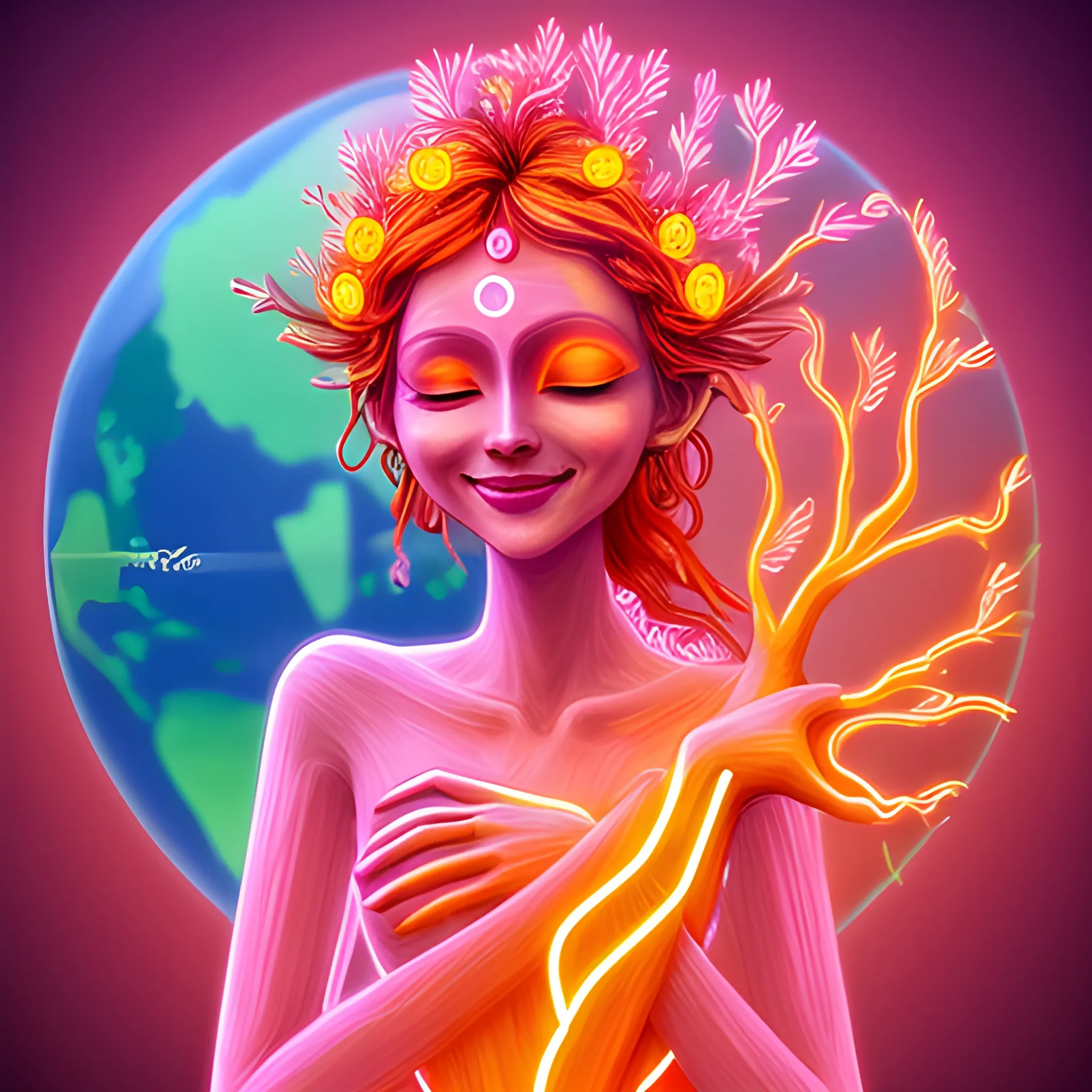oniric goddes with tree arms pink and orange skin with neon aura smiling at earth
