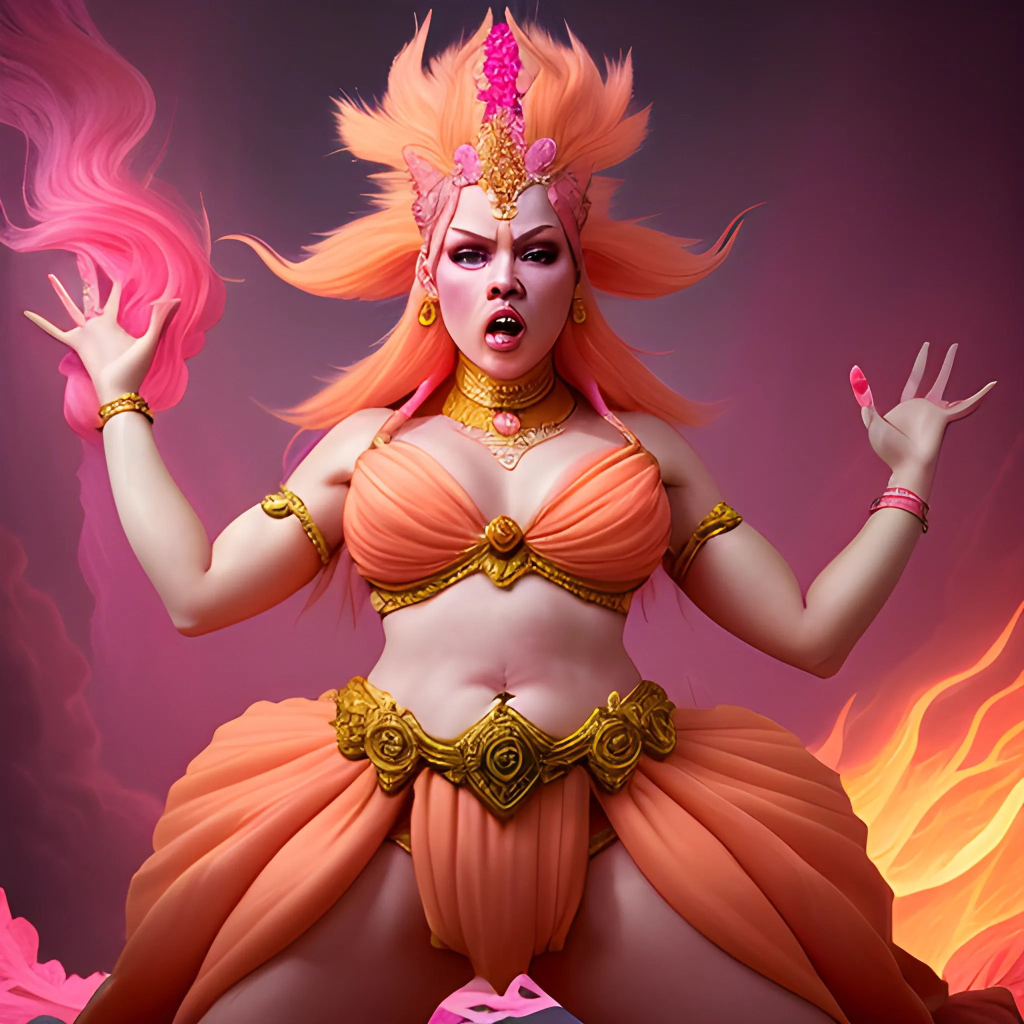 pink and orange goddes angry with humans taking candyes to itself