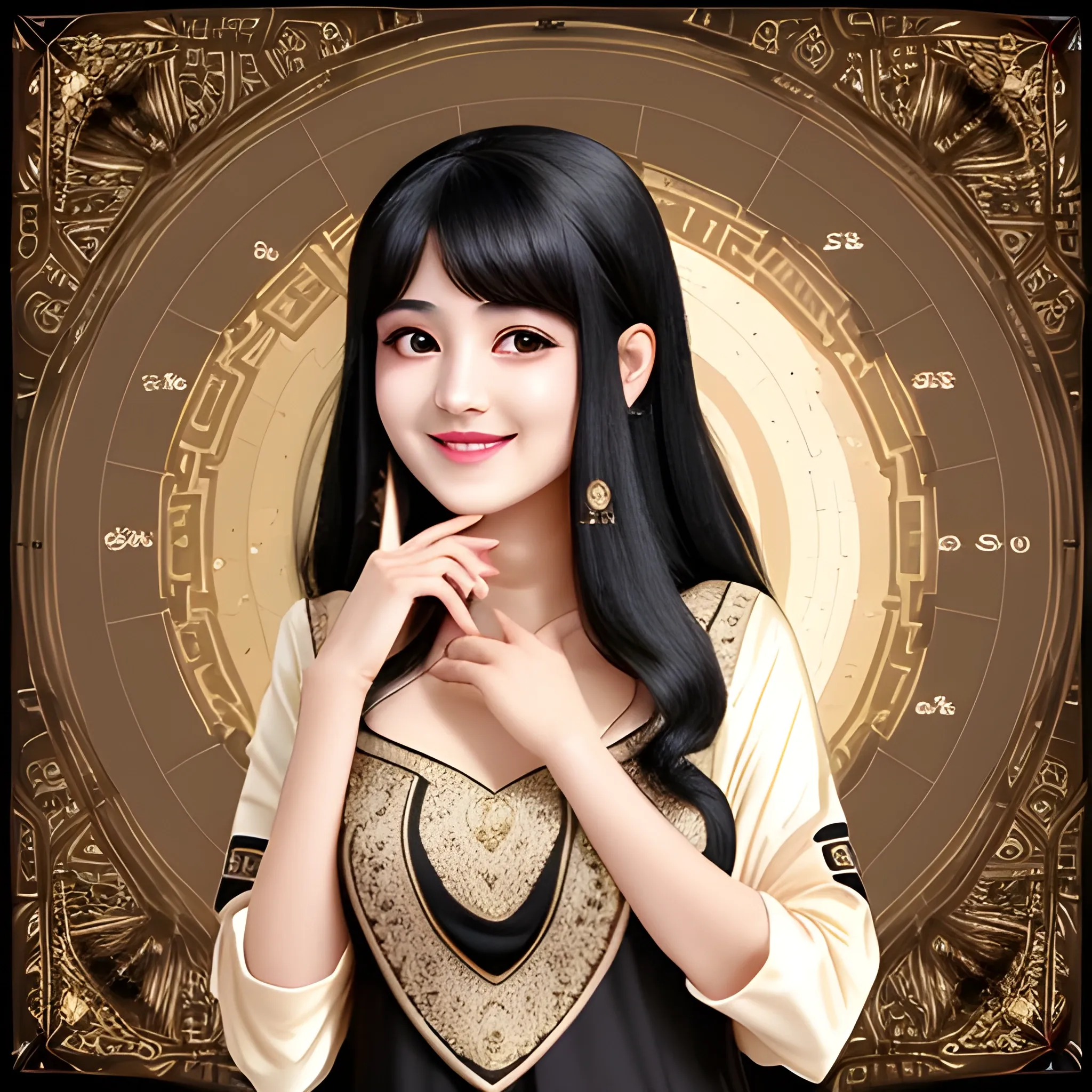 shy goddess smiling cutely black hair and beige tone exotic dress in the top of universe