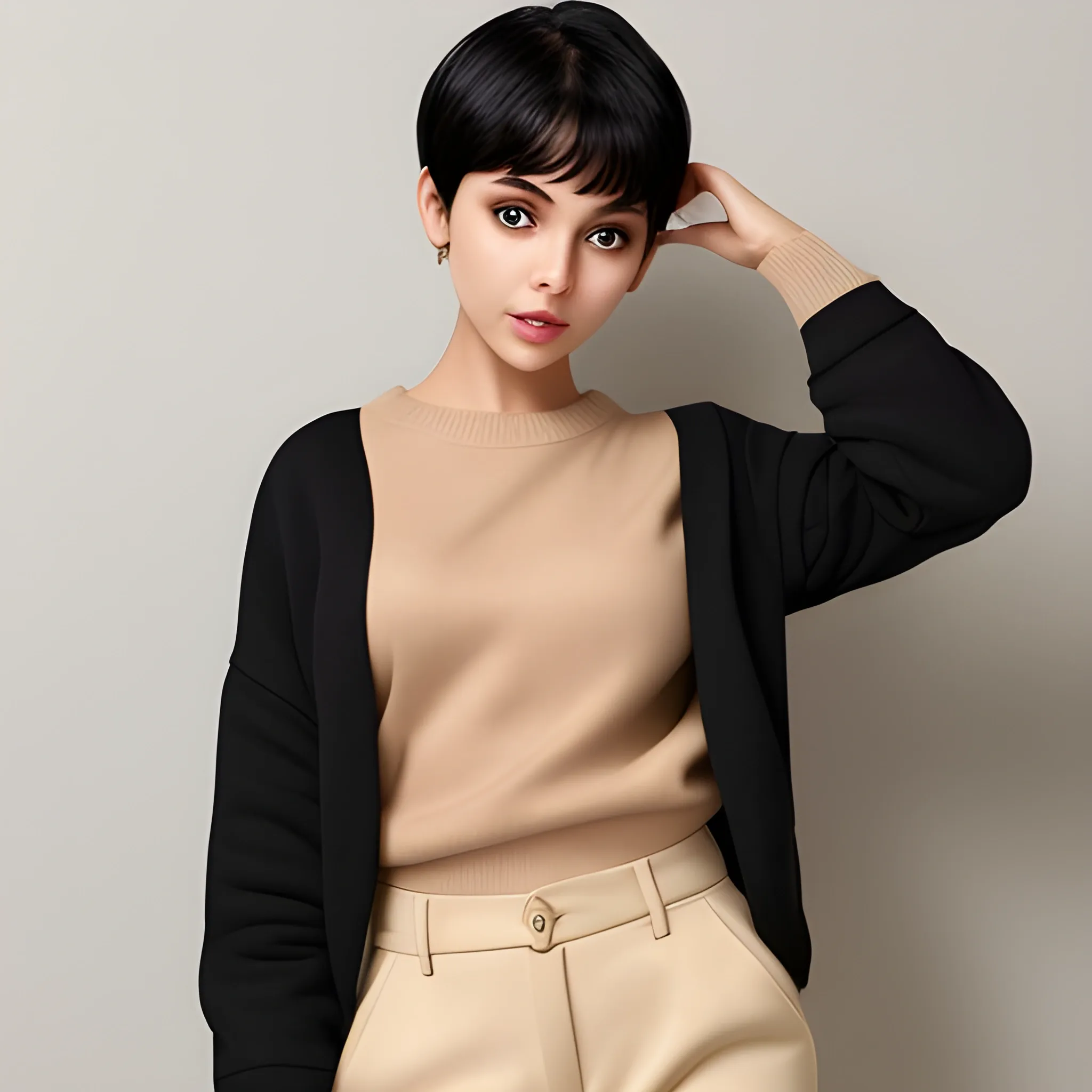 shy goddes with beige sweater and black short hair complete body shining 