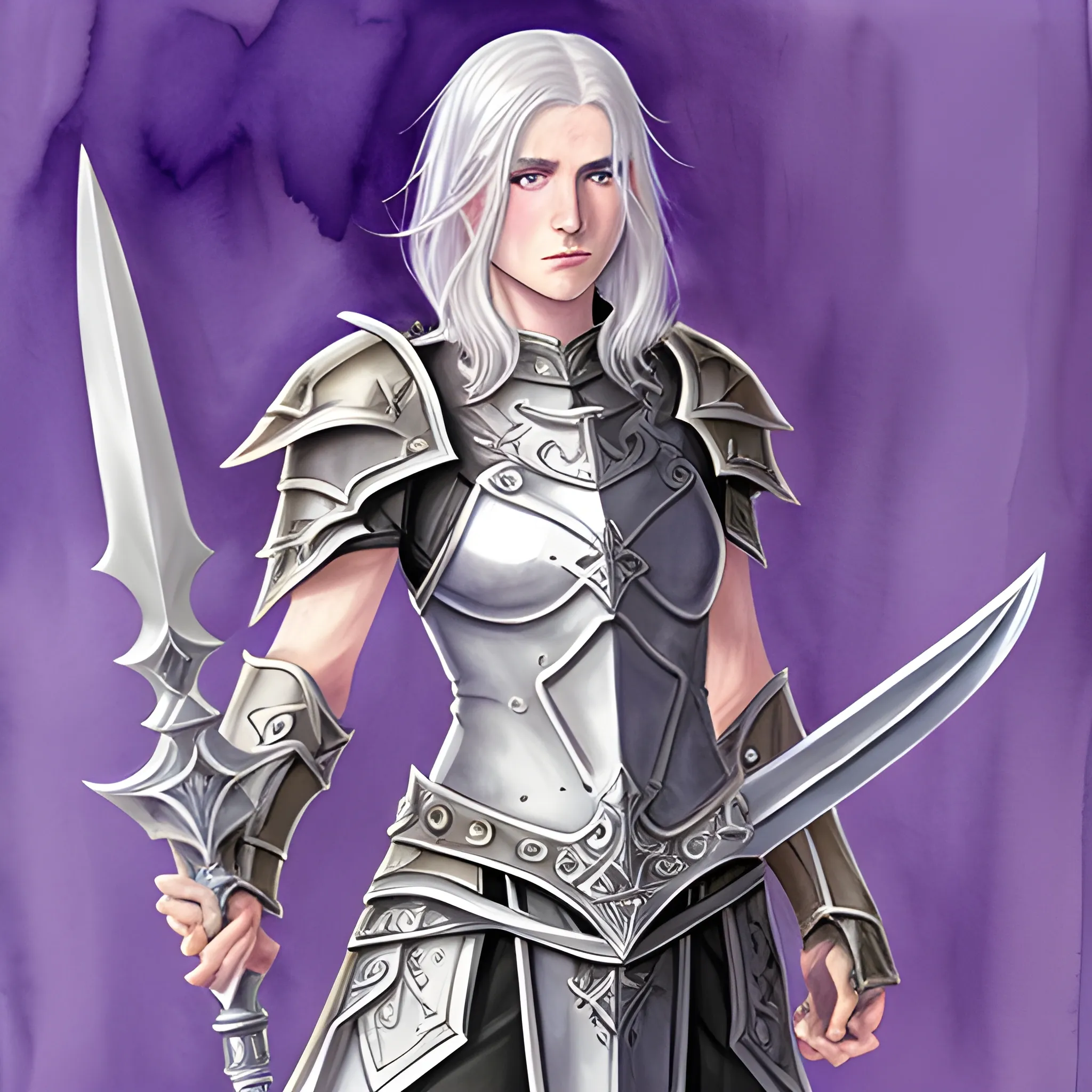 Aasimar paladin with silver hair, violet eyes, and wielding a glaive , Water Color