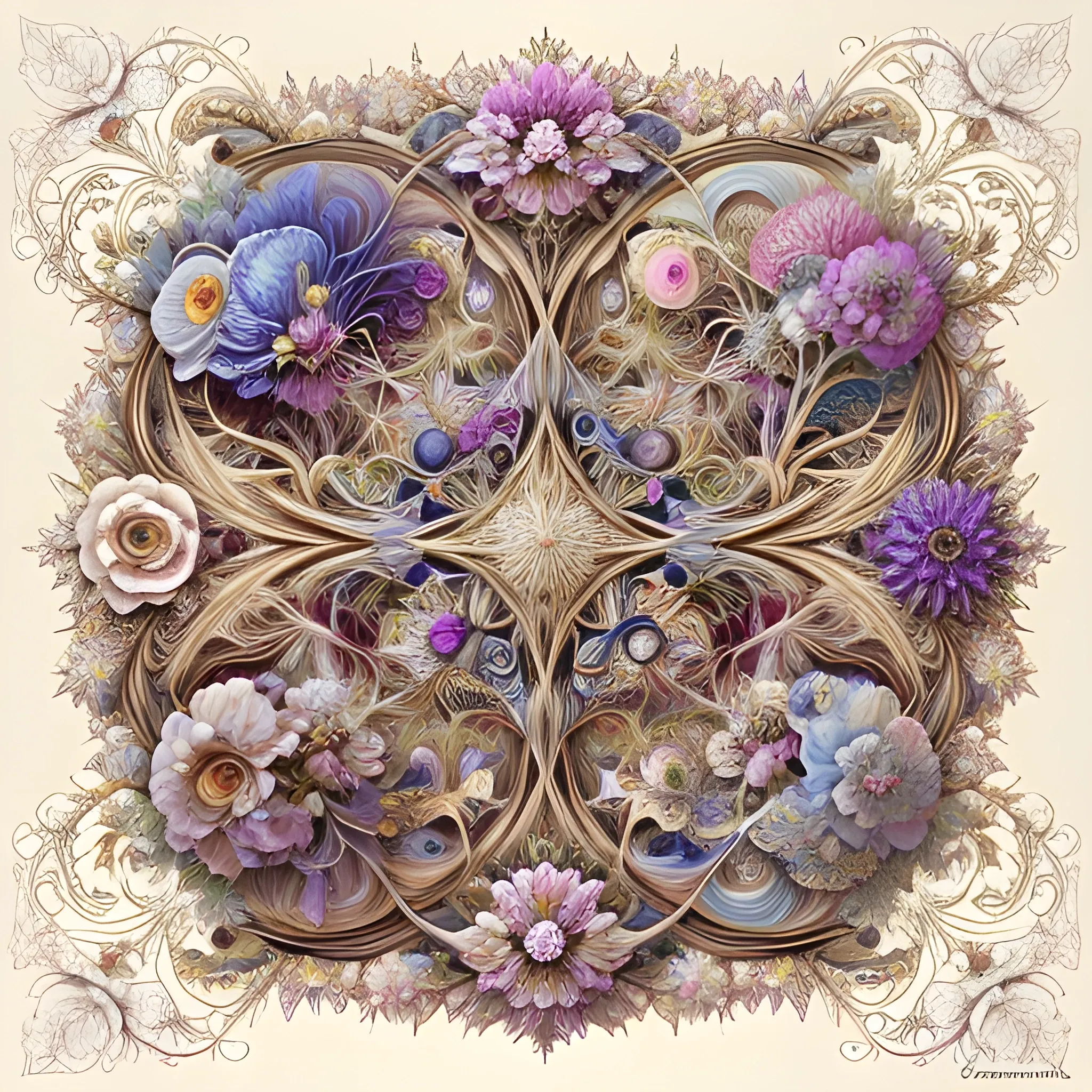 painting of many different types of flowers by Android Jones, Earnst Haeckel, James Jean. behance contest winner, generative art, Baroque, intricate patterns, fractalism, rococo, 3D, 3D