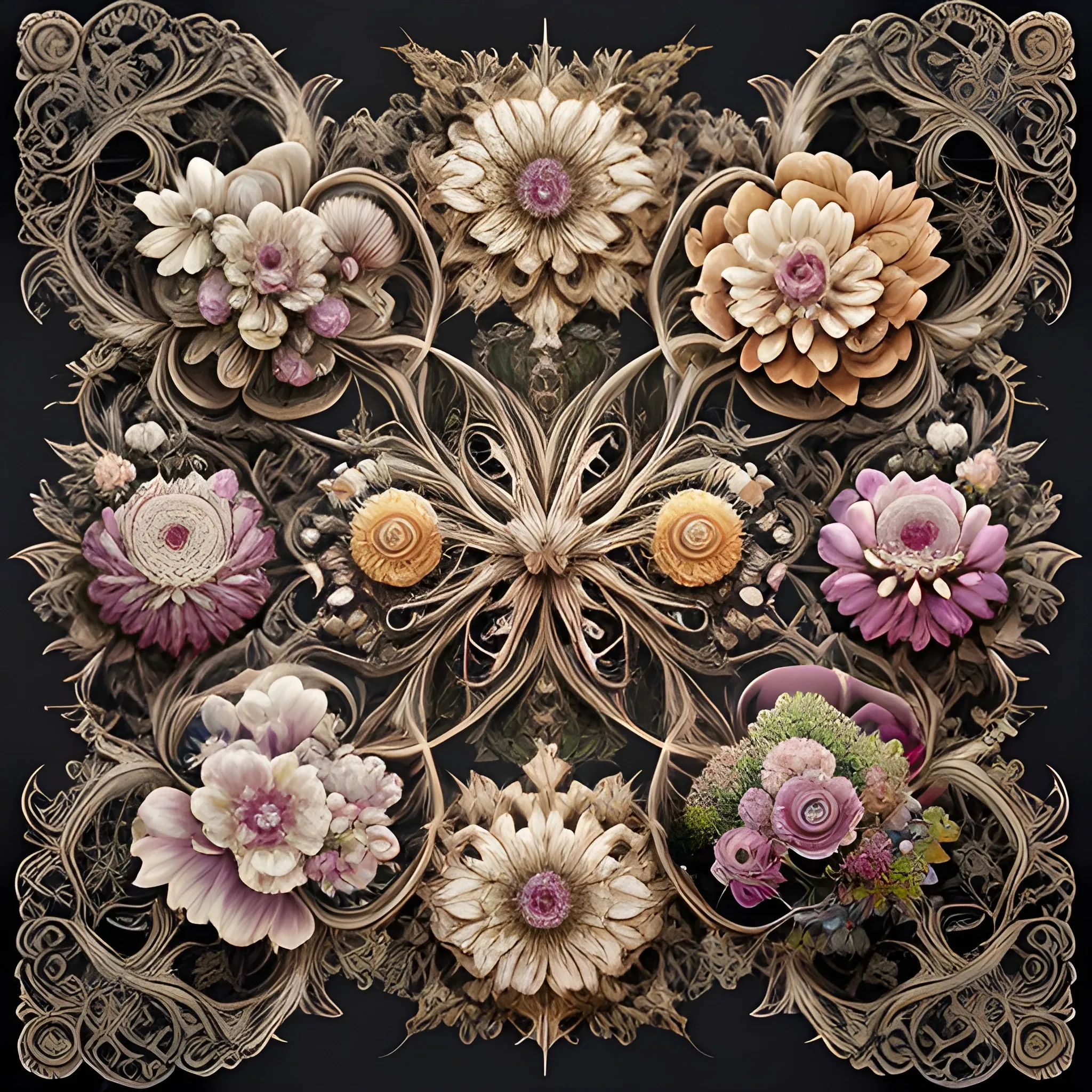 painting of many different types of flowers by Android Jones, Earnst Haeckel, James Jean. behance contest winner, generative art, Baroque, intricate patterns, fractalism, rococo, 3D, 3D