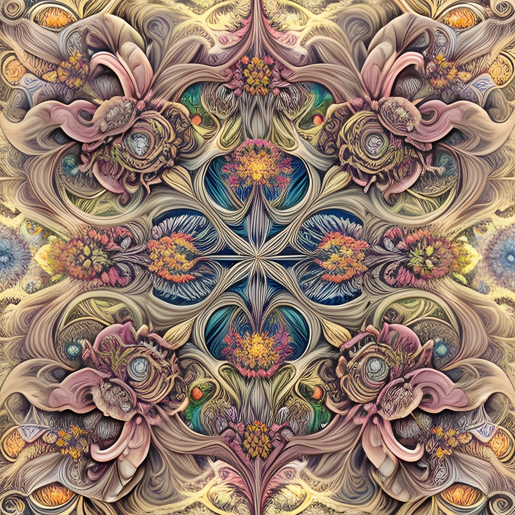 , painting of many different types of flowers by Android Jones, Earnst Haeckel, James Jean. behance contest winner, generative art, Baroque, intricate patterns, fractalism, rococo, 3D