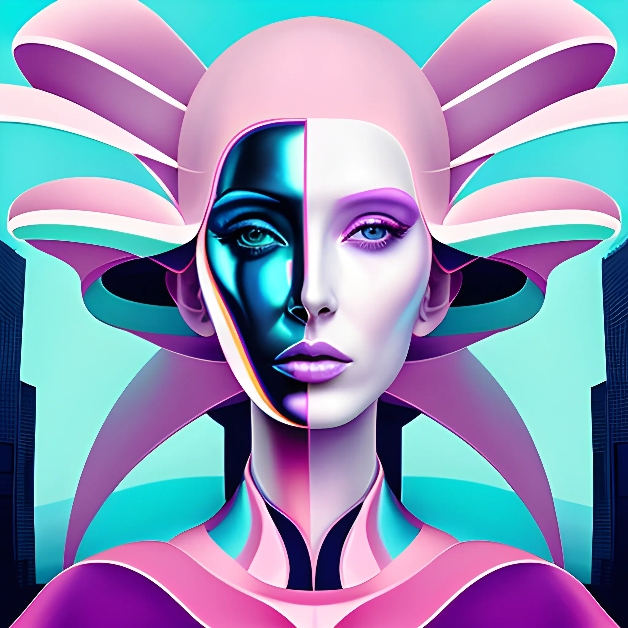 pop artist all pastel sleek futuristic outfit, with huge face of woman, in double exposure with exiting architecture of Calatrava, organic construction, surreal painting, detailed, realistic, abstract painting style, Trippy, Trippy