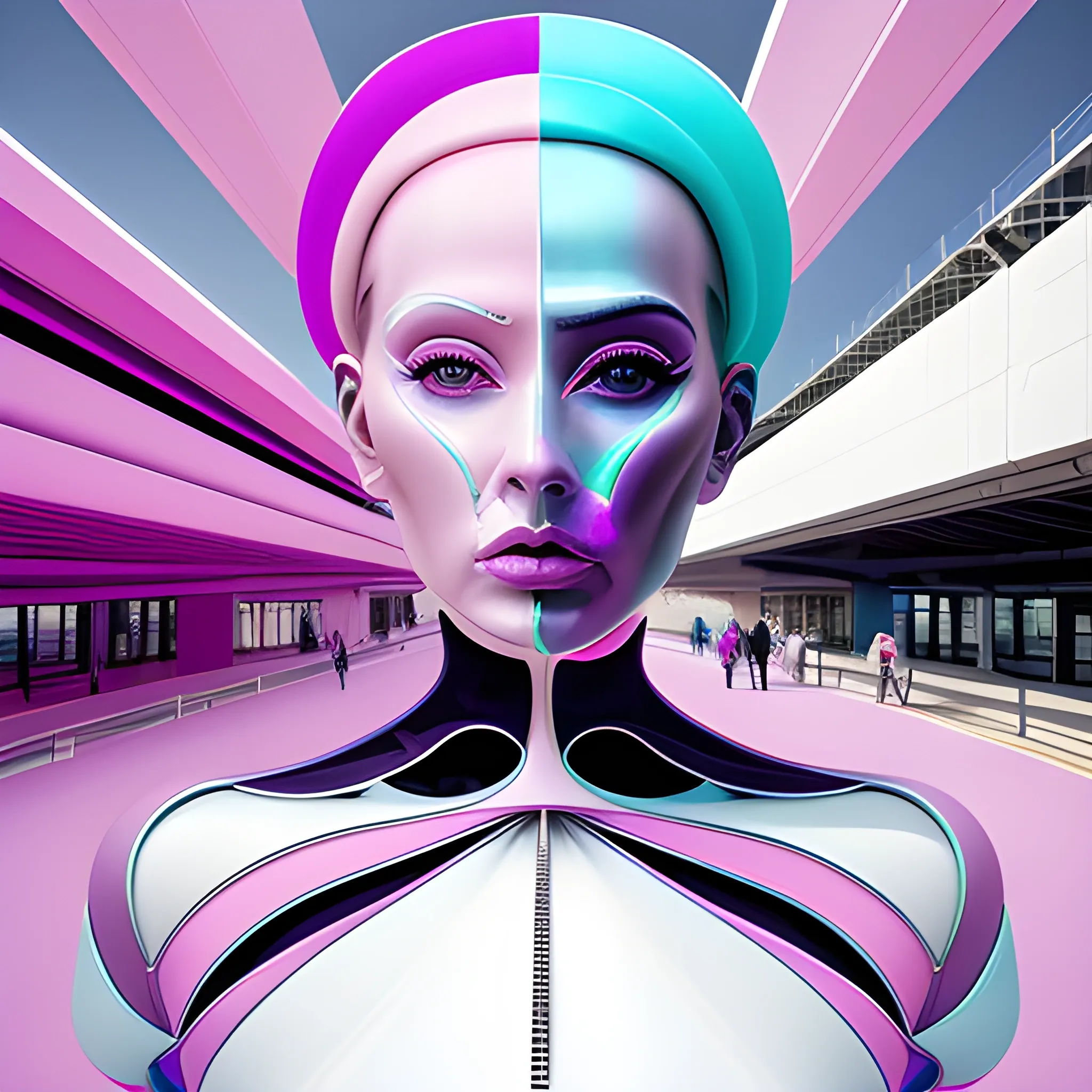  pop artist all pastel sleek futuristic outfit, with huge face of woman, in double exposure with exiting architecture of Calatrava, organic construction, surreal painting, detailed, realistic, abstract painting style, Trippy, Trippy, 3D