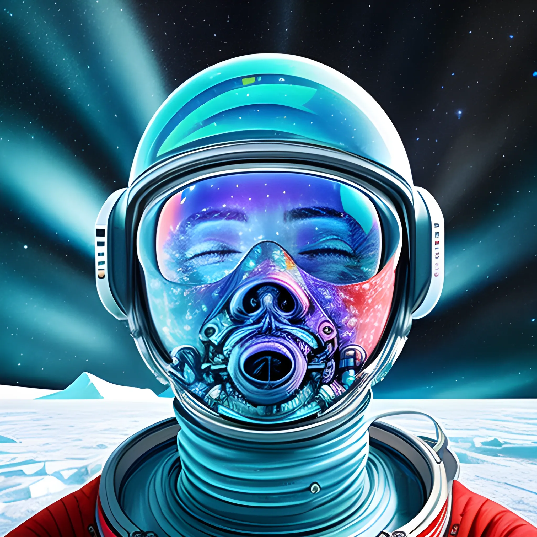 a closeup portrait of an astronaut sucking a blotter paper of lsd acid and dreaming psychedelic hallucinations in the vast icy landscape of antarctica, , Trippy, 3D