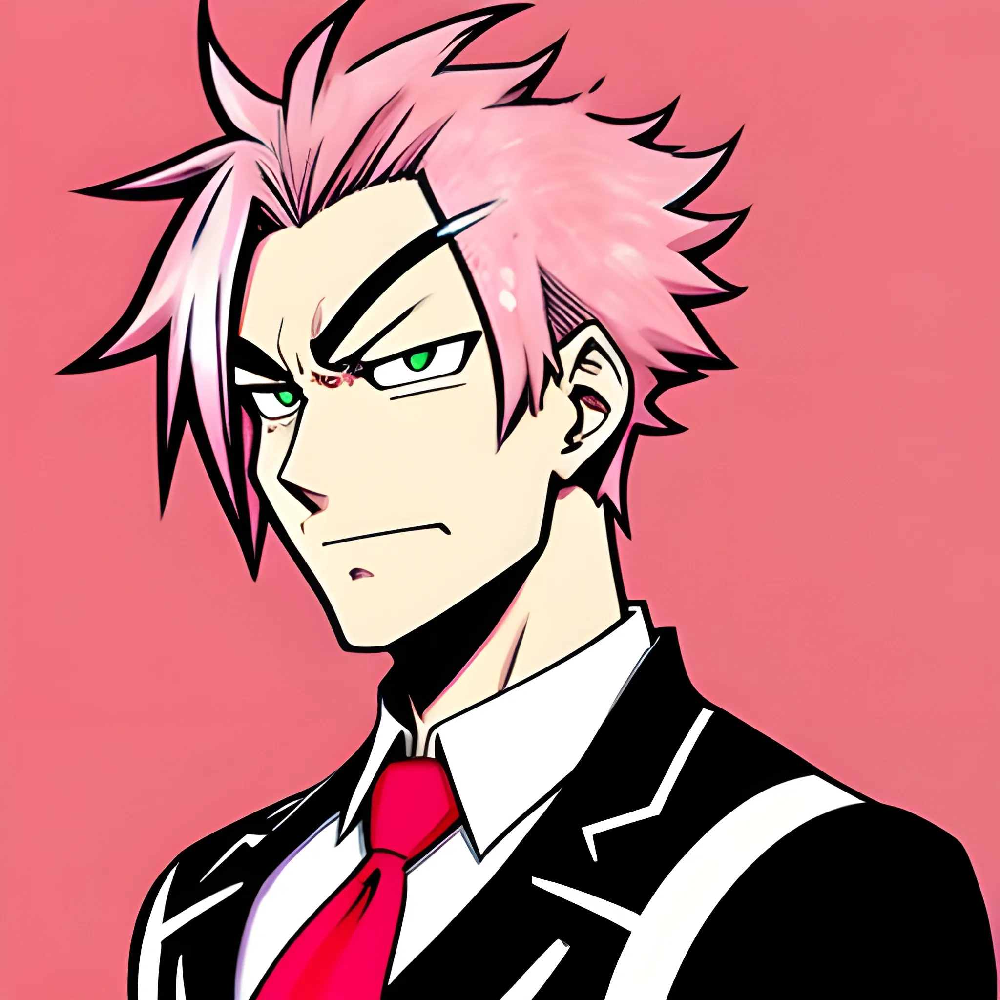 My Hero academia art style boy with pink hair wearing red and black