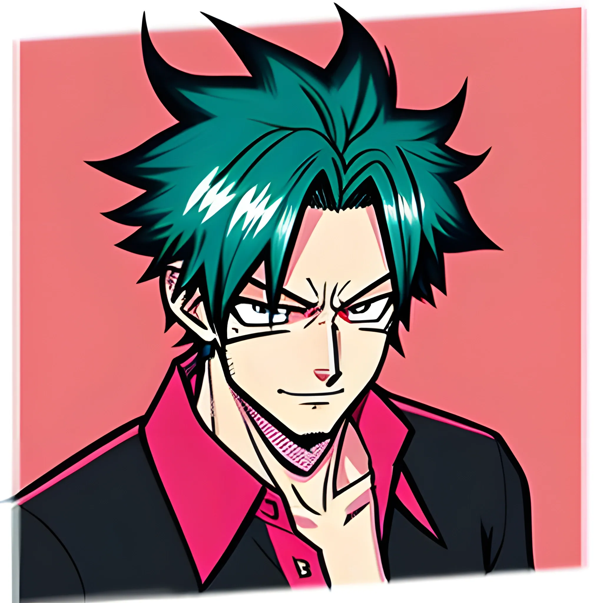 My Hero academia art style boy with pink hair wearing red and black