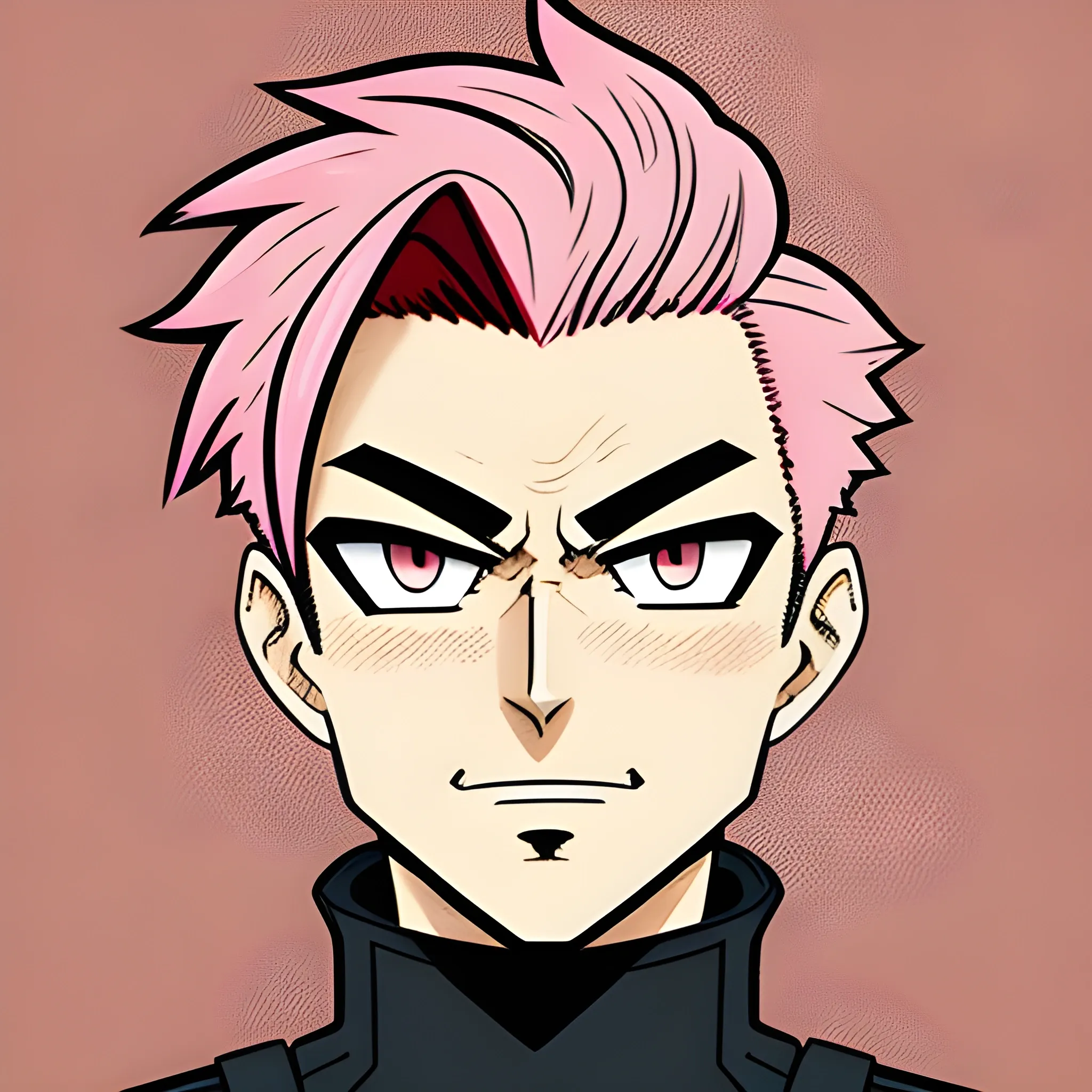 My Hero academia art style  brown boy with pink hair in a bun wearing red and black