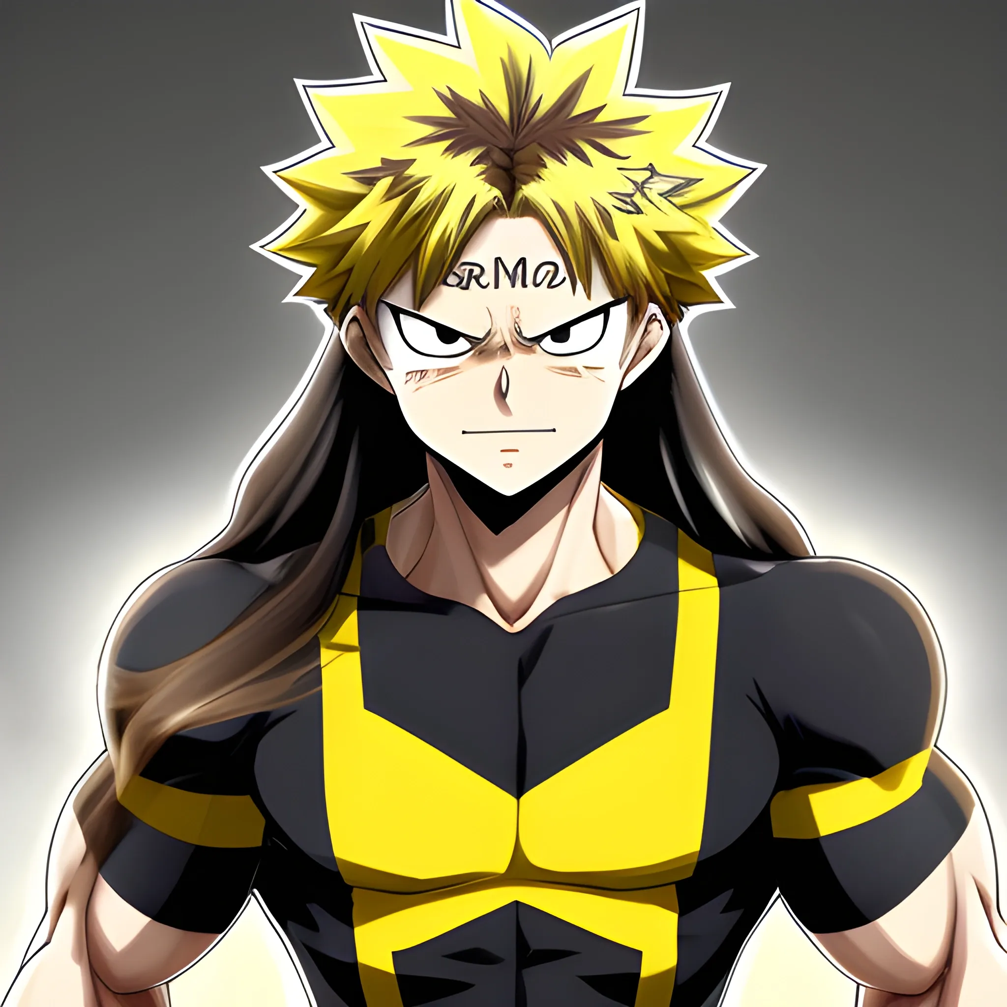 My hero academia, OC, black long hair, male, white, muscular, yellow brown clothes