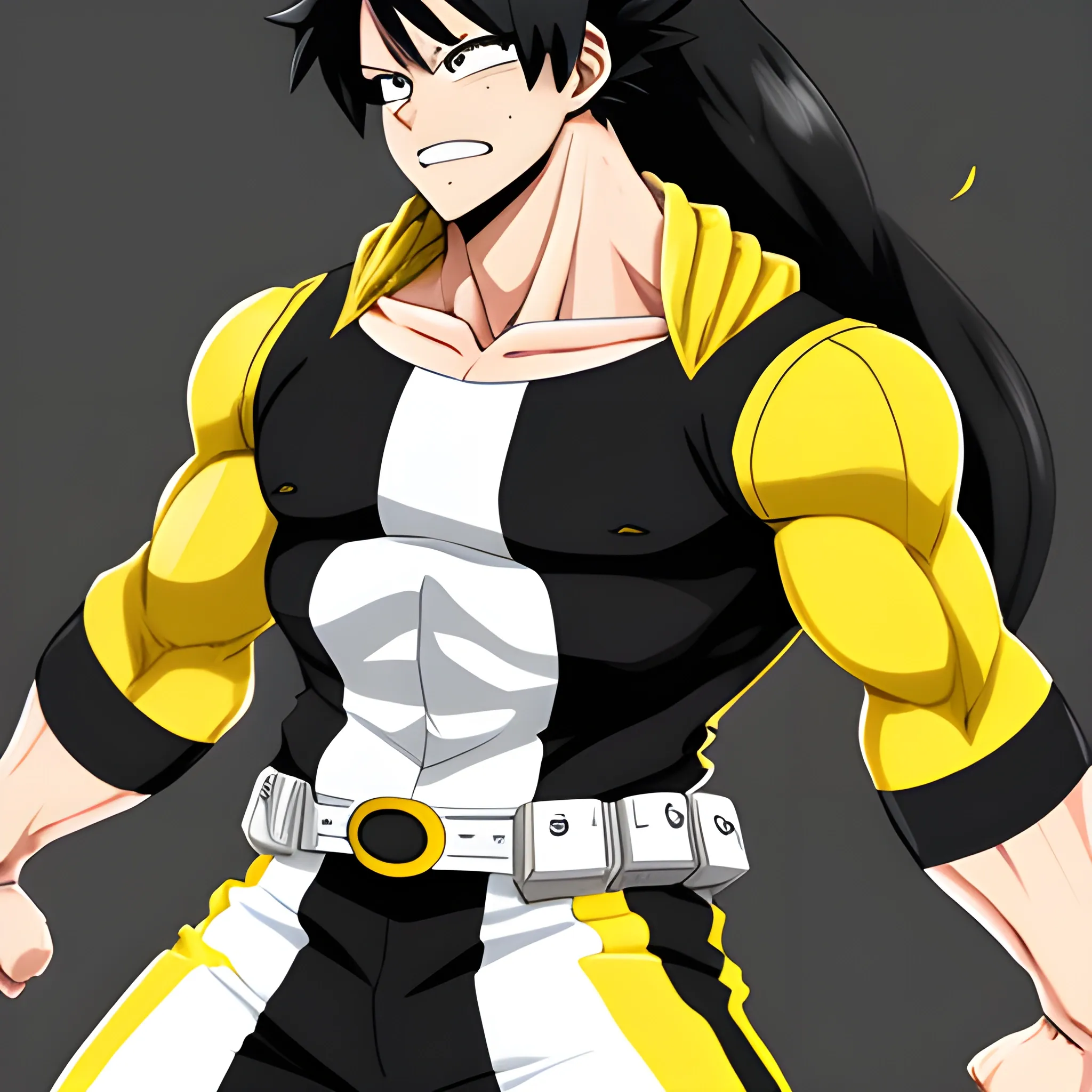 My hero academia, OC, black long hair, male, white, muscular, yellow brown clothes