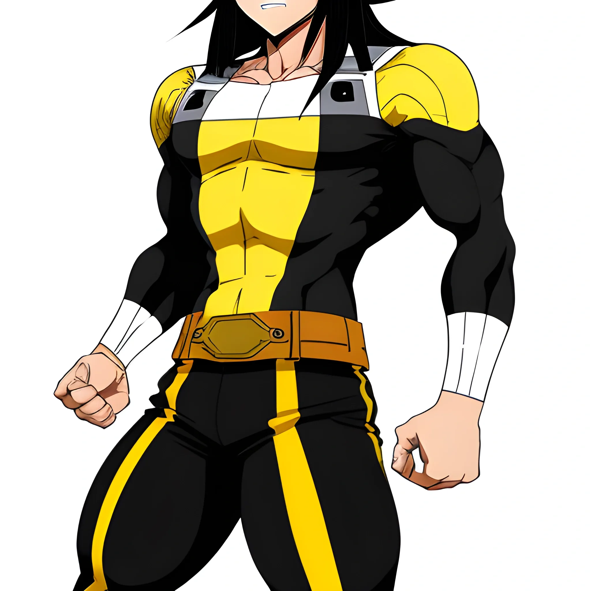 My hero academia, OC, black long hair, male, white, muscular, yellow brown clothes