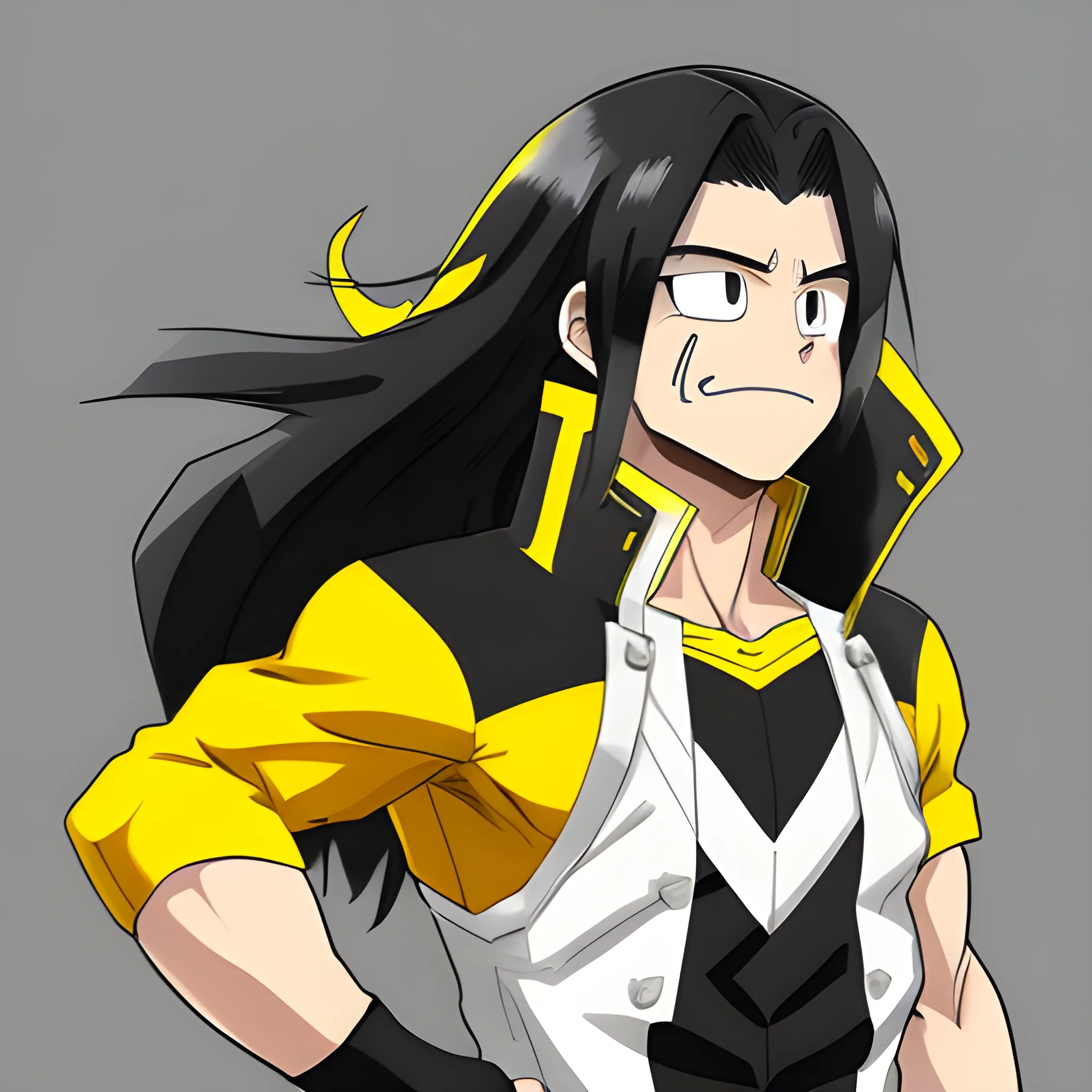 My hero academia, OC, black long hair, male, white, yellow brown clothes