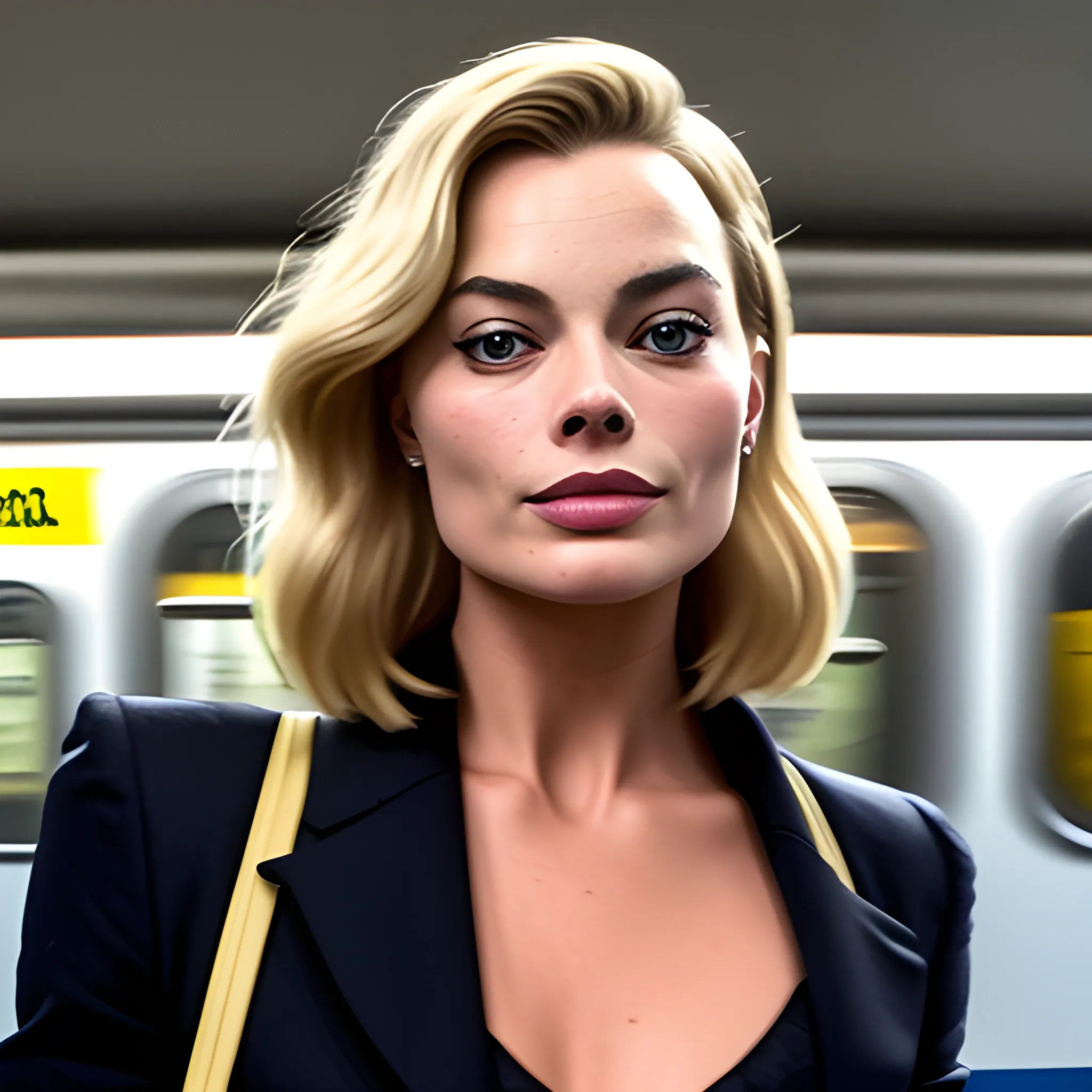 Margot Robbie parada en el metro de bogota esperando el taxi con su grande trasero y un cigarro